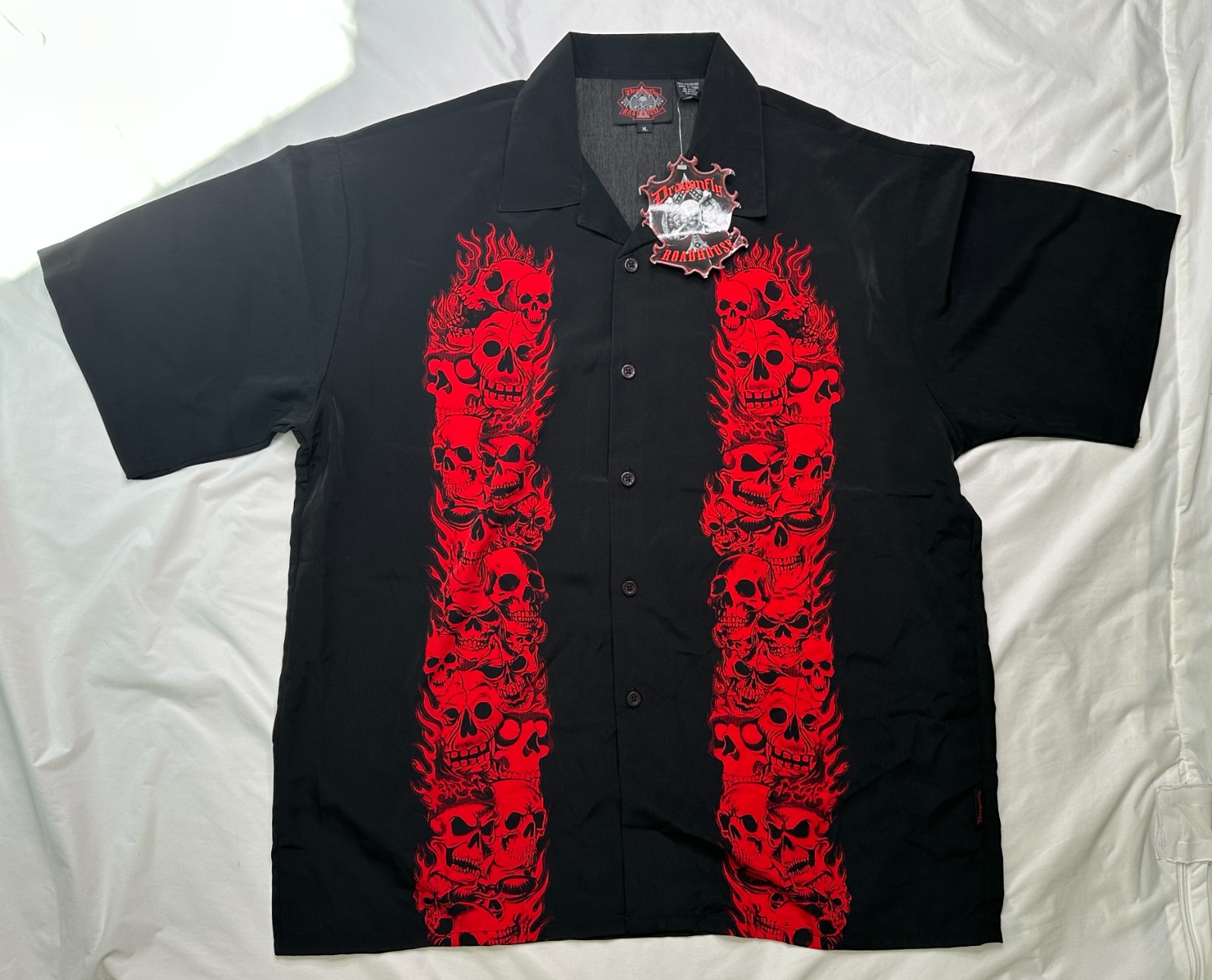 Dragonfly Roadhouse Mens Shirt Black Red Skull Flames Biker Rockabilly XL NWT