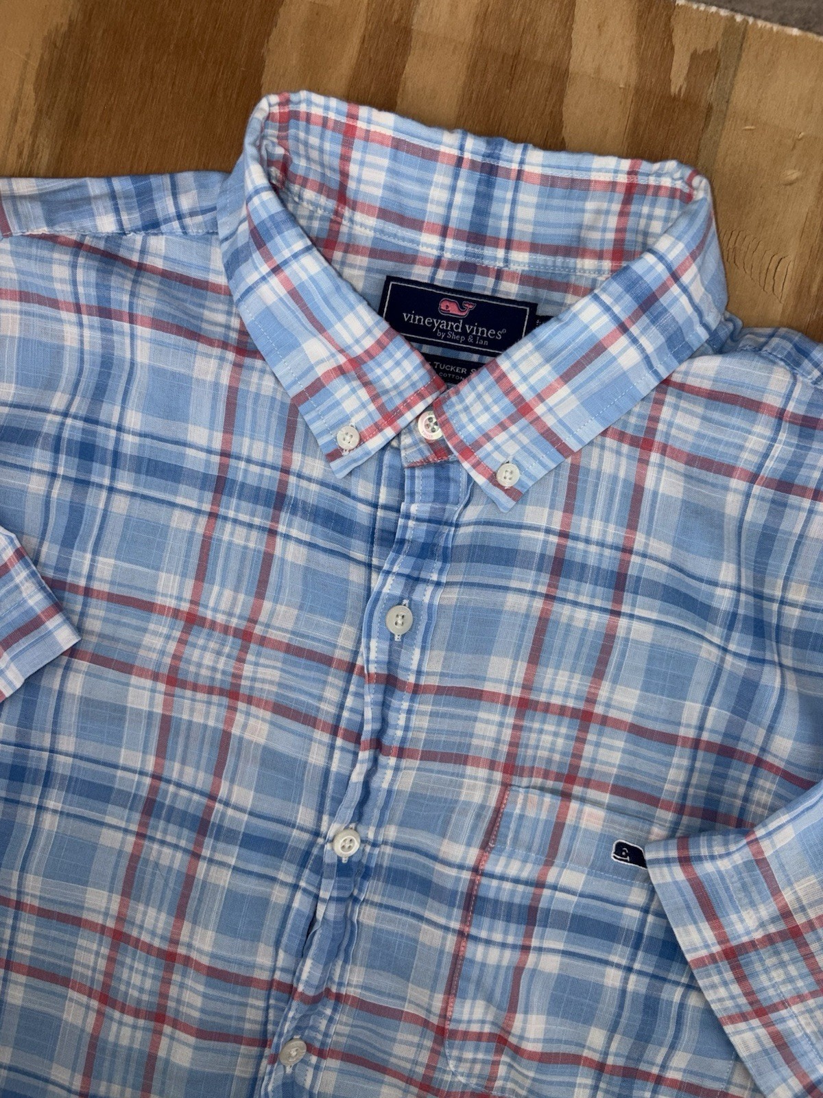 Vineyard Vines Slim Fit Tucker Button Down Large Blue Coral Plaid Linen Like