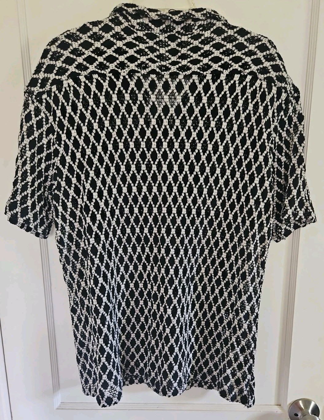 Massive Luxury Black & White Diamond Crochet Polo Button Down Shirt in Men’s L