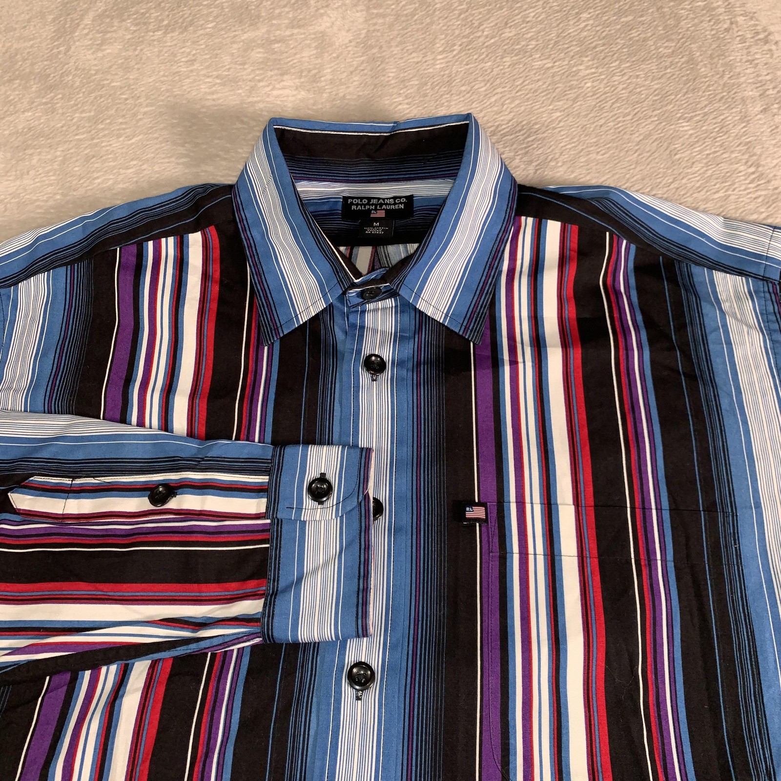 Vintage Polo Jeans Co Ralph Lauren Shirt Mens Medium Bold Stripe 90s Y2K Bright