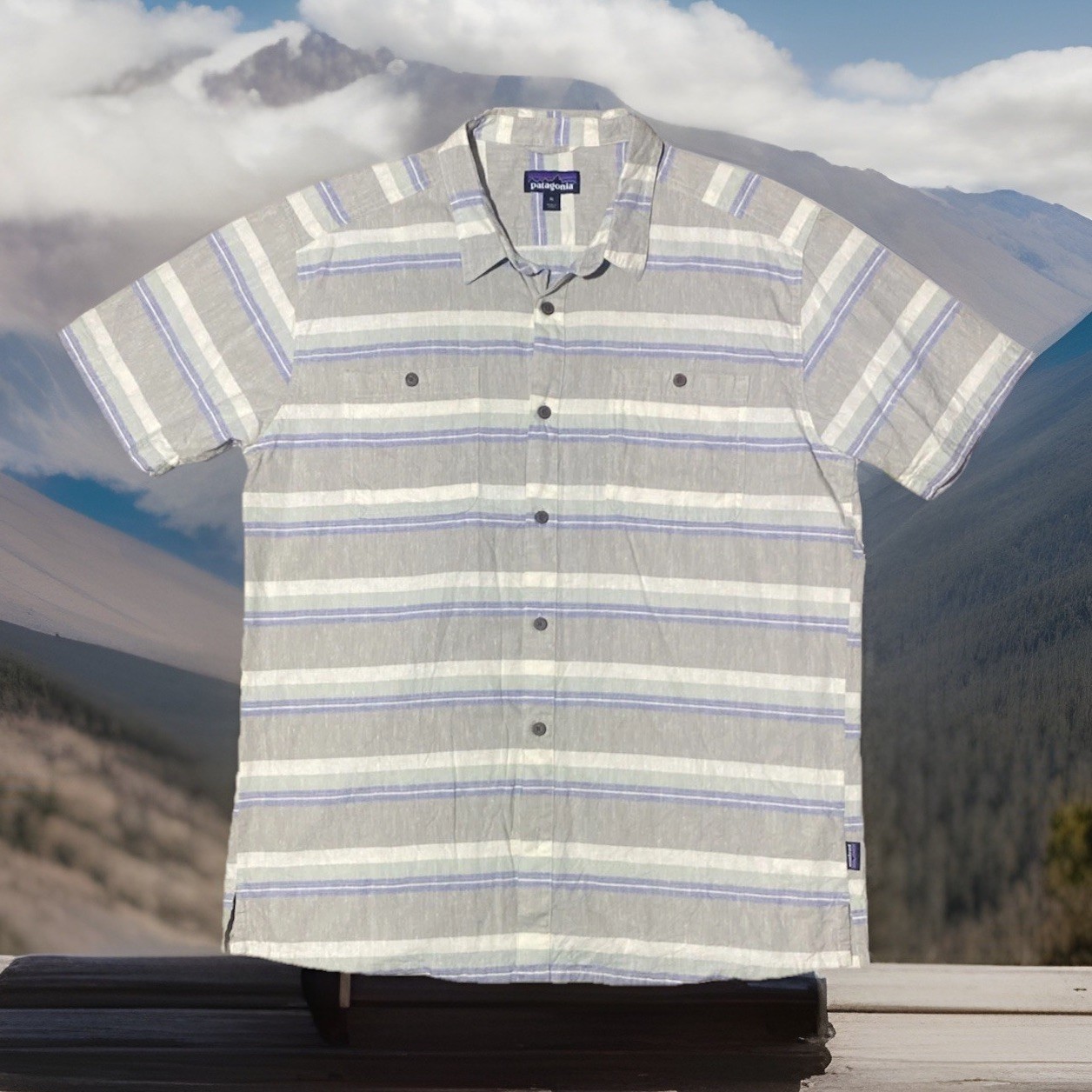 PATAGONIA Back Step Shirt Mens XL Blue/Grey Striped Hemp Organic Cotton Hiking