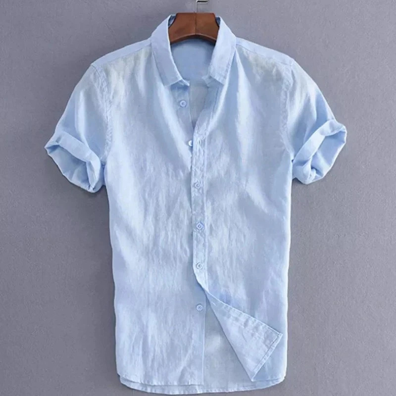 2026 NEW Men’s Summer Cotton Linen Short Sleeve Shirt Casual Solid Button-Down