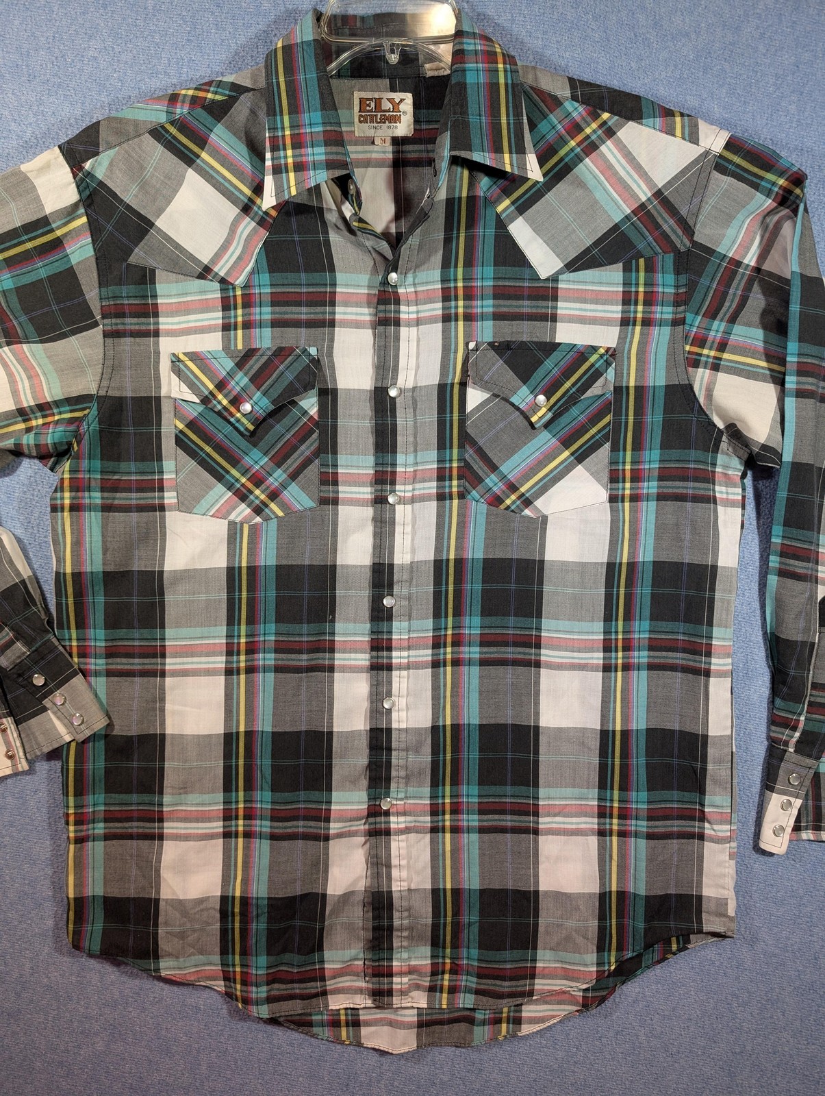 Ely Cattleman Shirt Mens Medium Multicolor Plaid Western Pearl Snap Long Sleeve