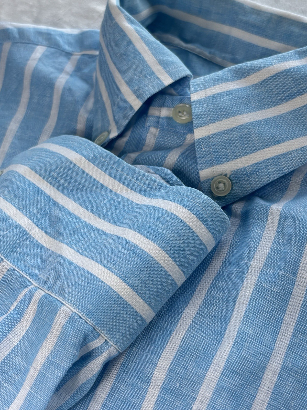 Giampaolo Shirt 100% Linen Blue White Stripe Made In Italy M