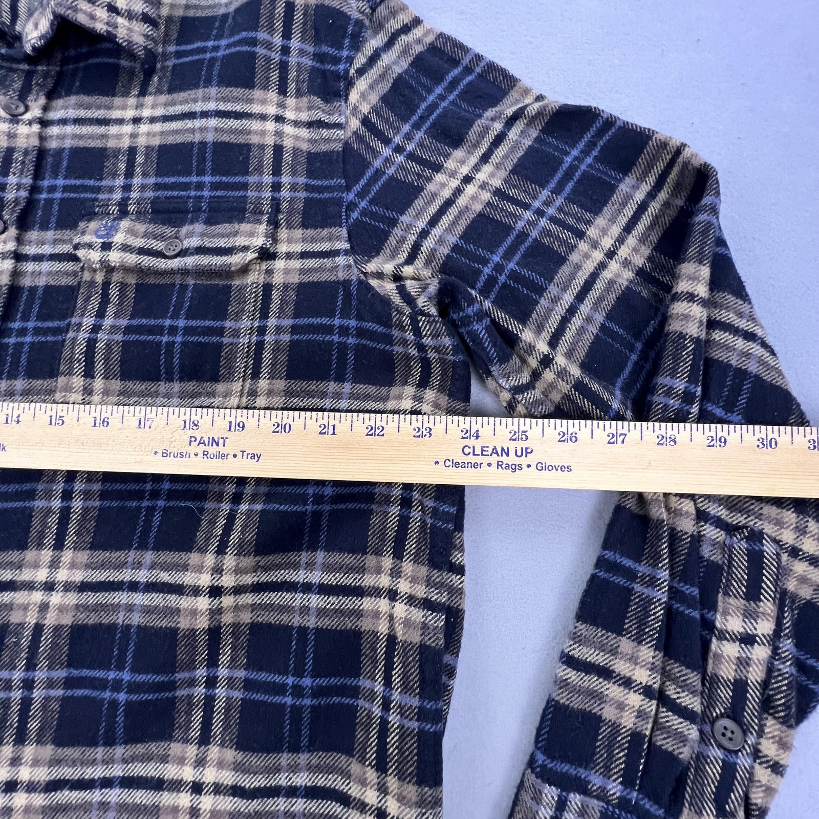 Timberland Flannel Shirt Mens L Blue Tan Plaid Button Front Pockets Casual Camp