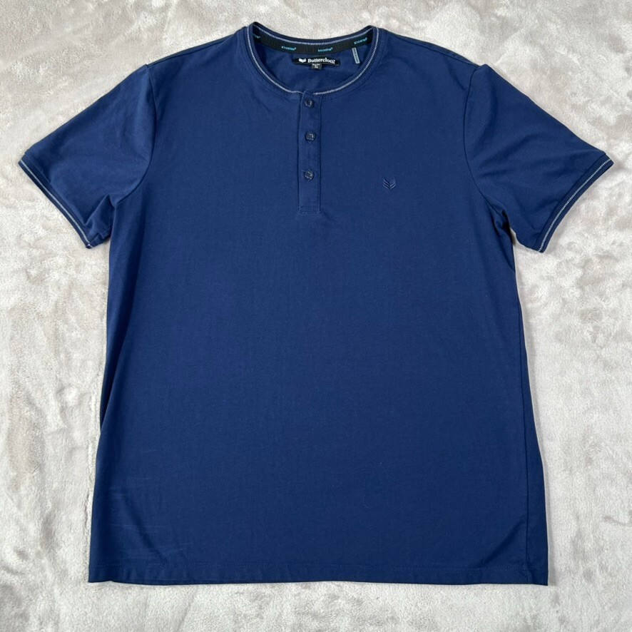 Buttercloth Shirt Men Medium Blue Short Sleeve Icy Cotton Henley Wicking Stretch