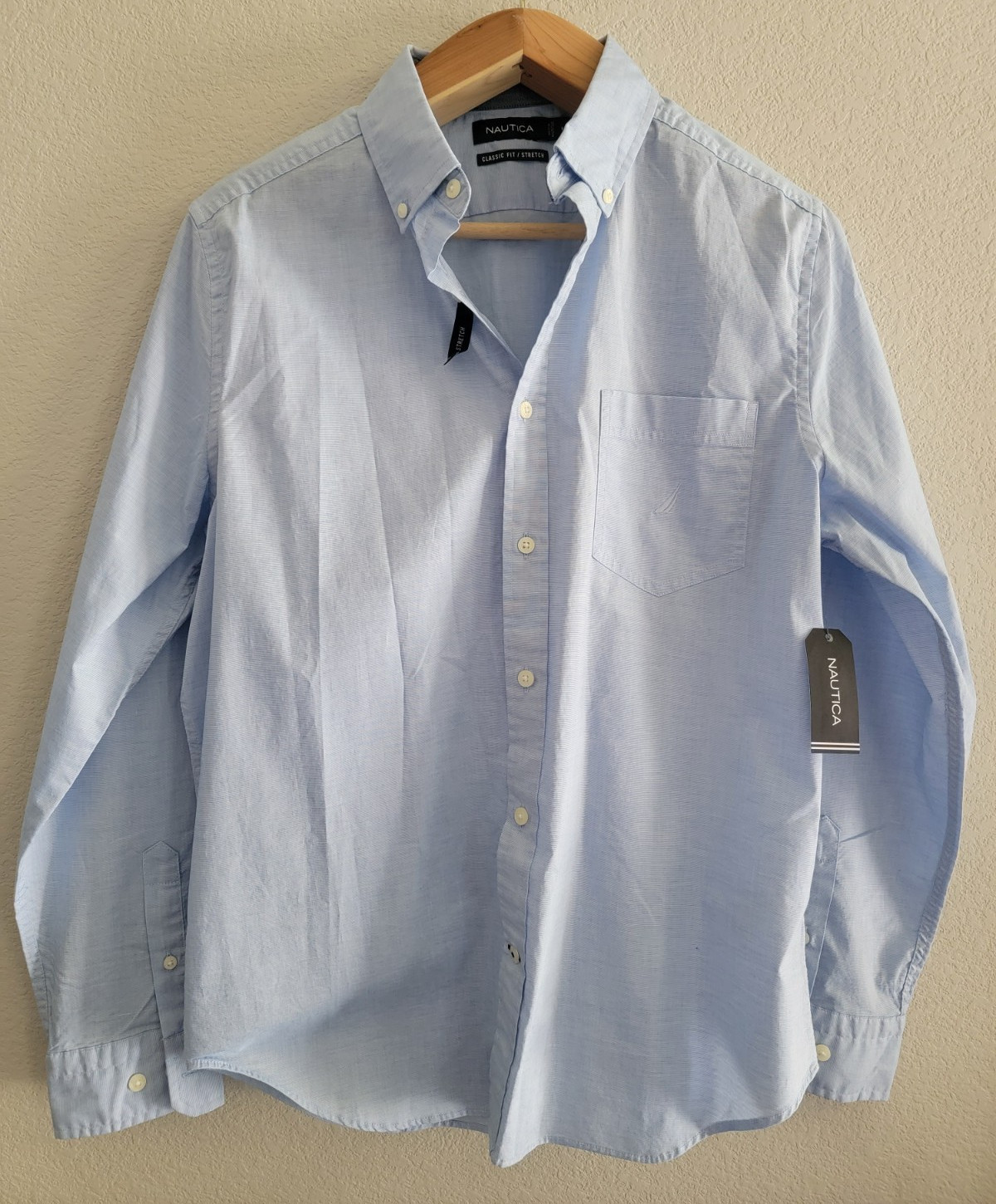 Nautica Classic Fit Stretch Men’s Blue Solid Long Sleeve Button-Down Shirt M