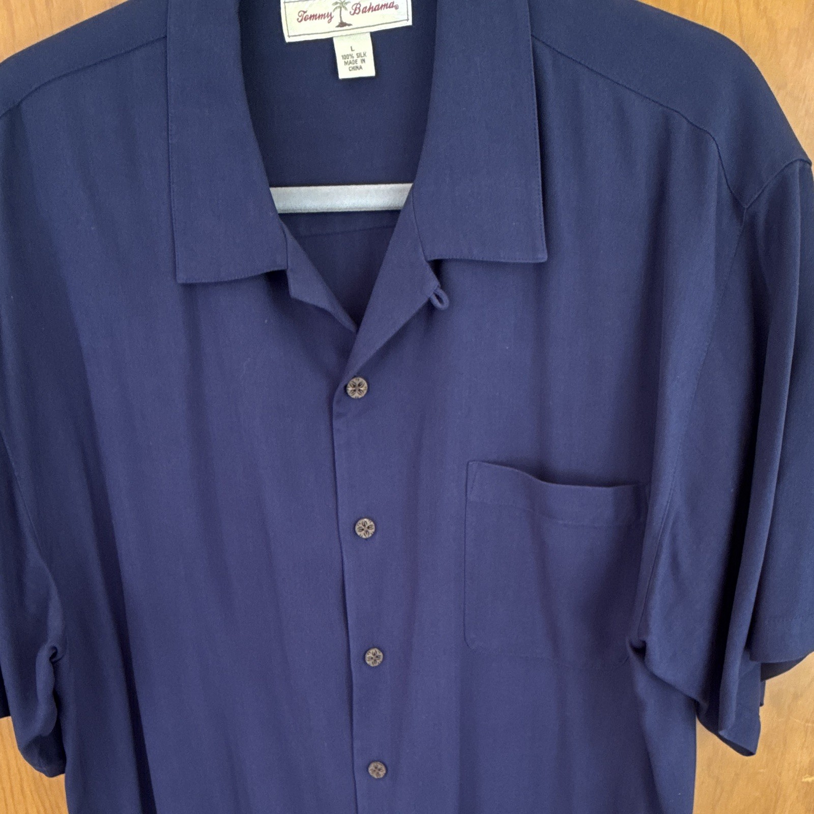 Tommy Bahama Men’s Silk Navy Blue Short Sleeve Spread Collar Button-Up SZ L, Pkt