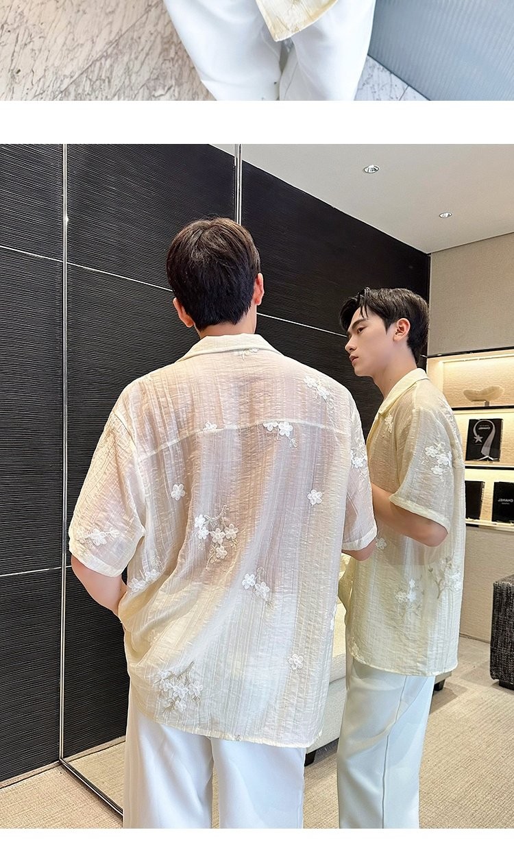 Men’s Lapel embroidery Floral Short Sleeve Summer Loose Perspective Shirt Tops