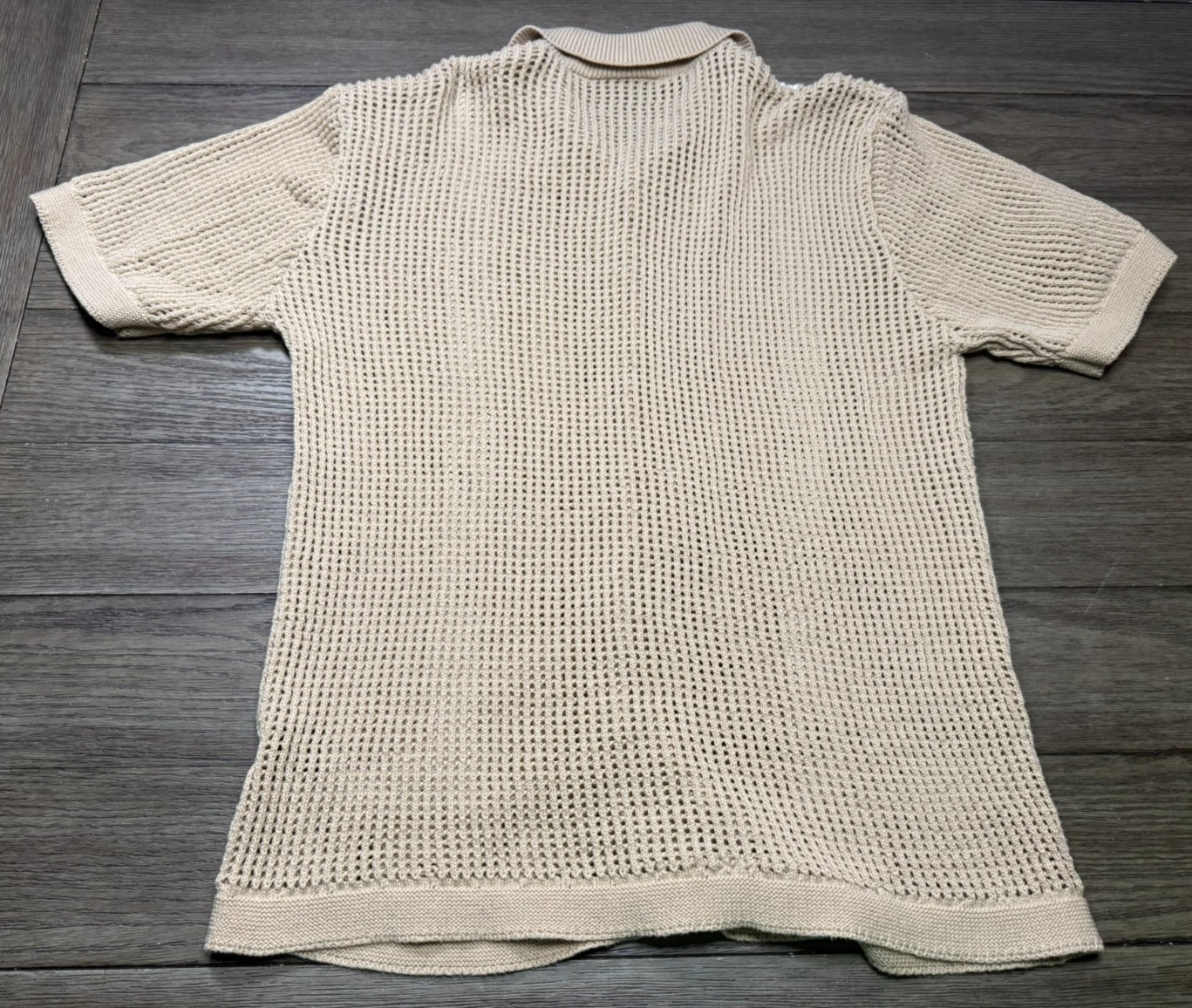 Massive Luxury Edition Button Down Mens Size Large Beige Tan Crochet Knit Shirt