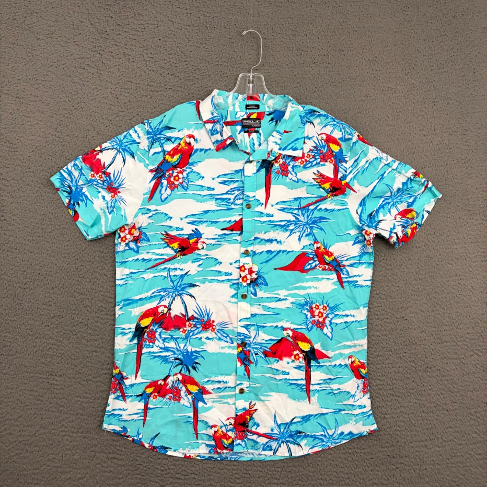 O’Neill Shirt Mens XL Classic Fit Blue Parrot Bird Button Up Hawaiian Casual Dad