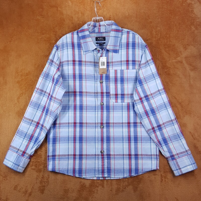 A.P.C. Shirt Mens Small Blue Plaid Button Up Pocket Long Sleeve Casual $270