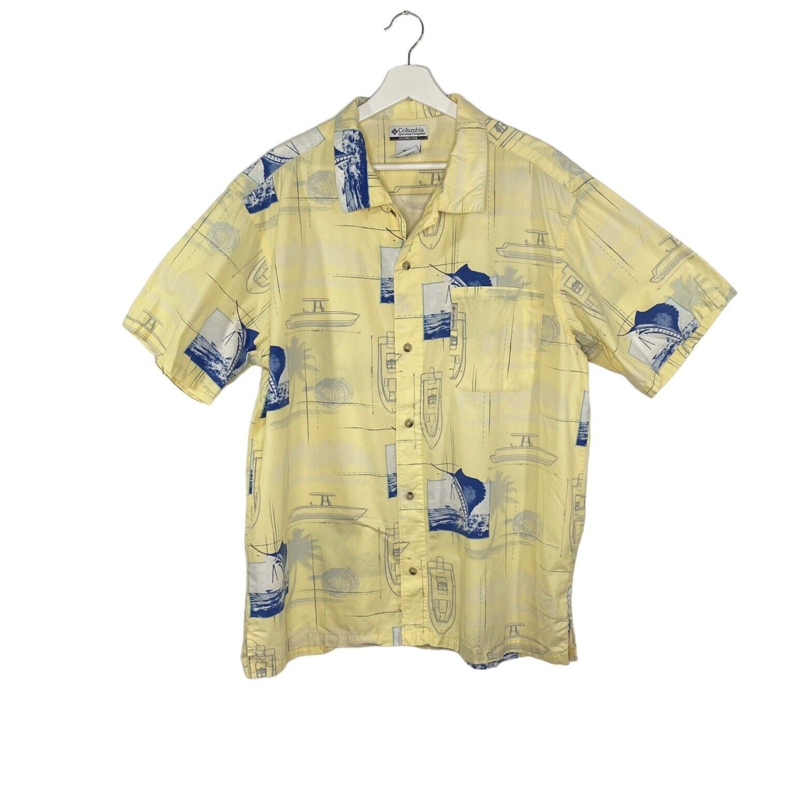 Columbia Shirt Mens Extra Large Yellow Boats/Sword Fish Marlin Button Front