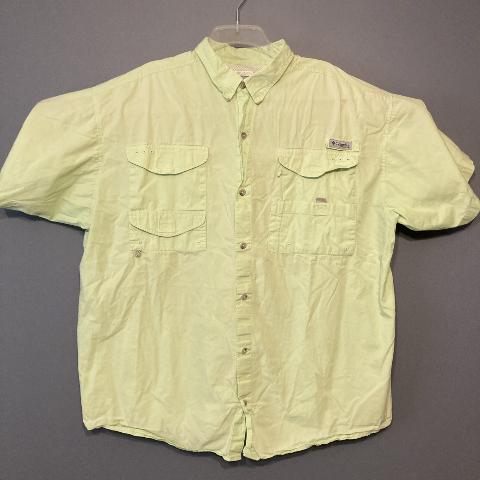 COLUMBIA PFG Shirt Mens XXL lt green Short Sleeve Button Outdoor Hiking Fish