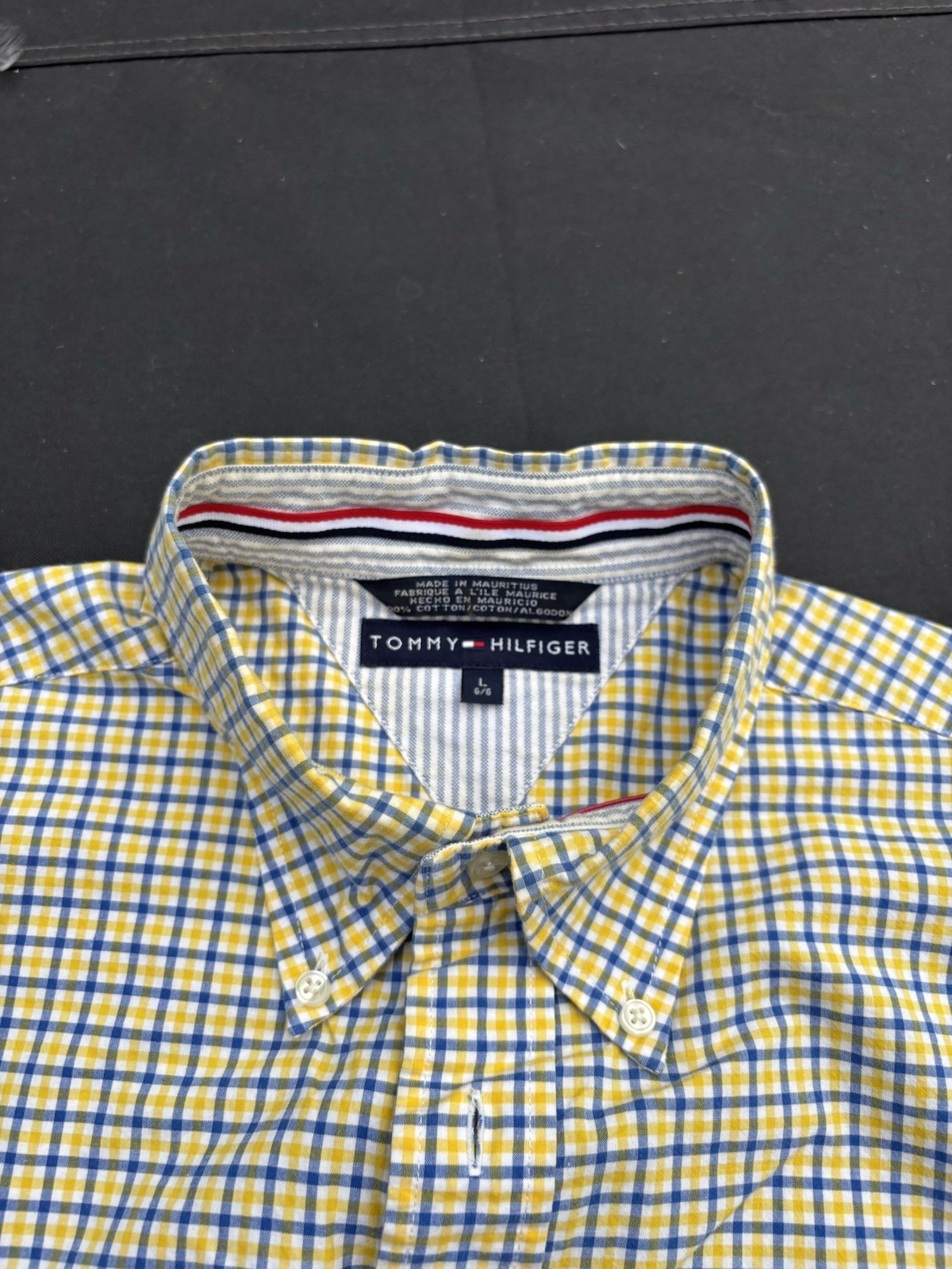 Tommy Hilfiger Men’s Large Blue Yellow Gingham Check Short Sleeve Button Down