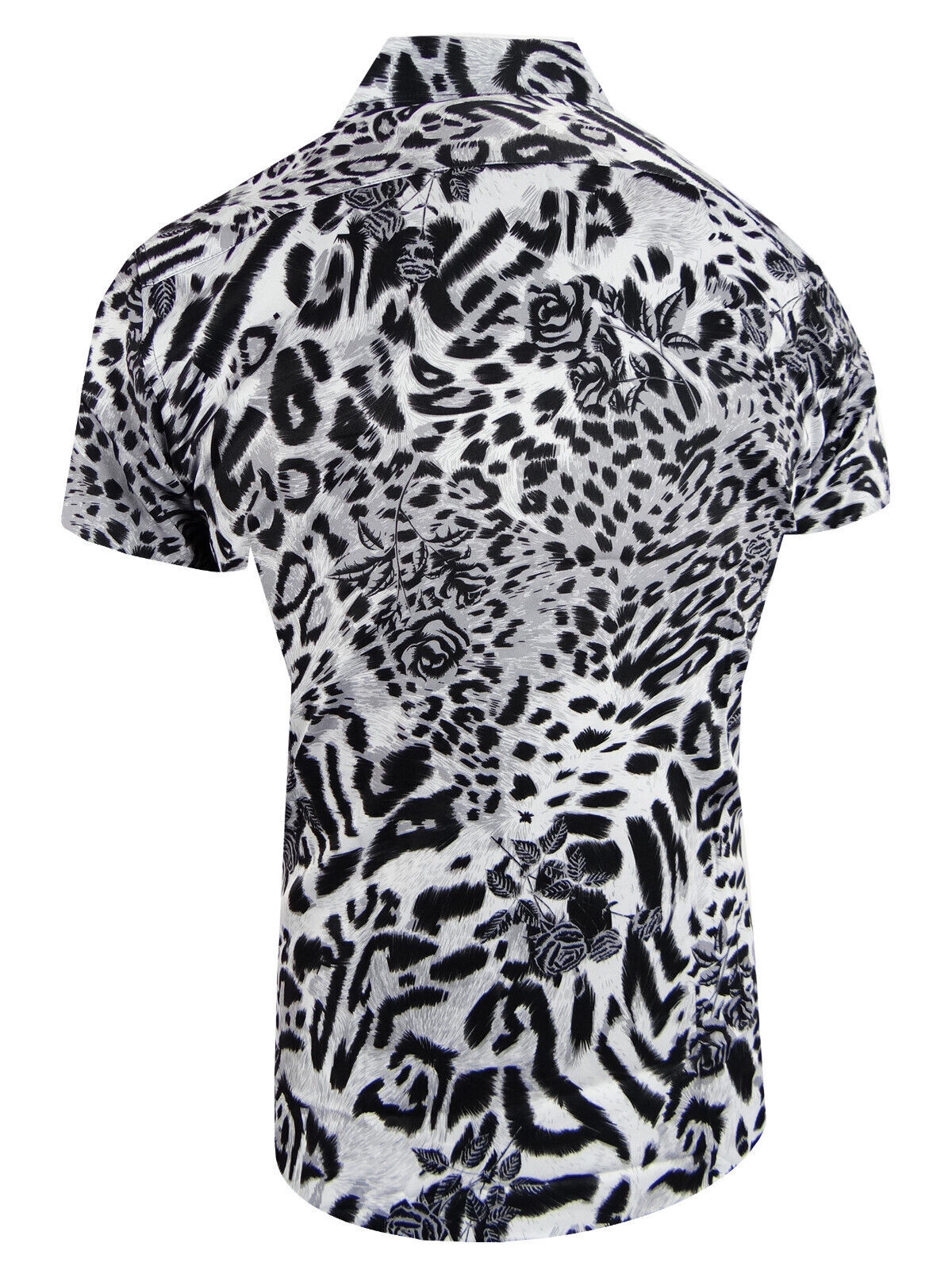 Mens Short Sleeve Shirt Designer Animal Floral Prints Stretch Slim Fit Button Up
