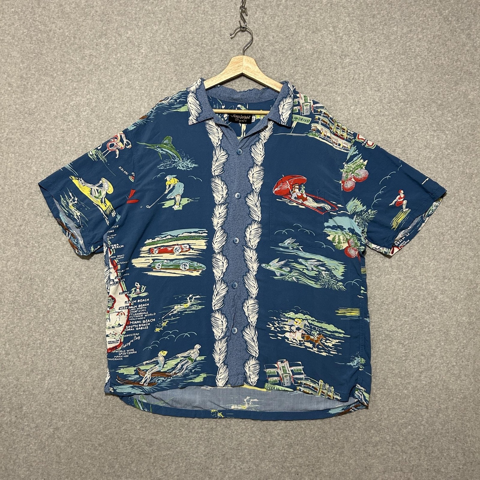 Jams World Shirt Men XL Blue Florida Map Rayon Hawaiian 50 Years Aloha Button Up