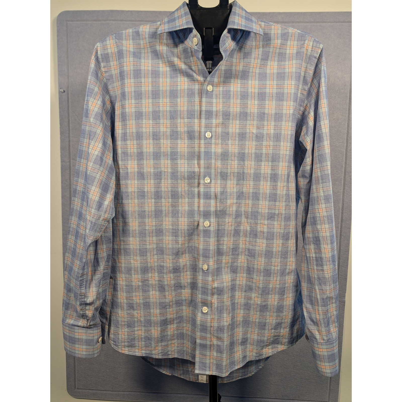 Ledbury Button Down Shirt Mens 16 Blue Orange Plaid Tailored Fit Excellent