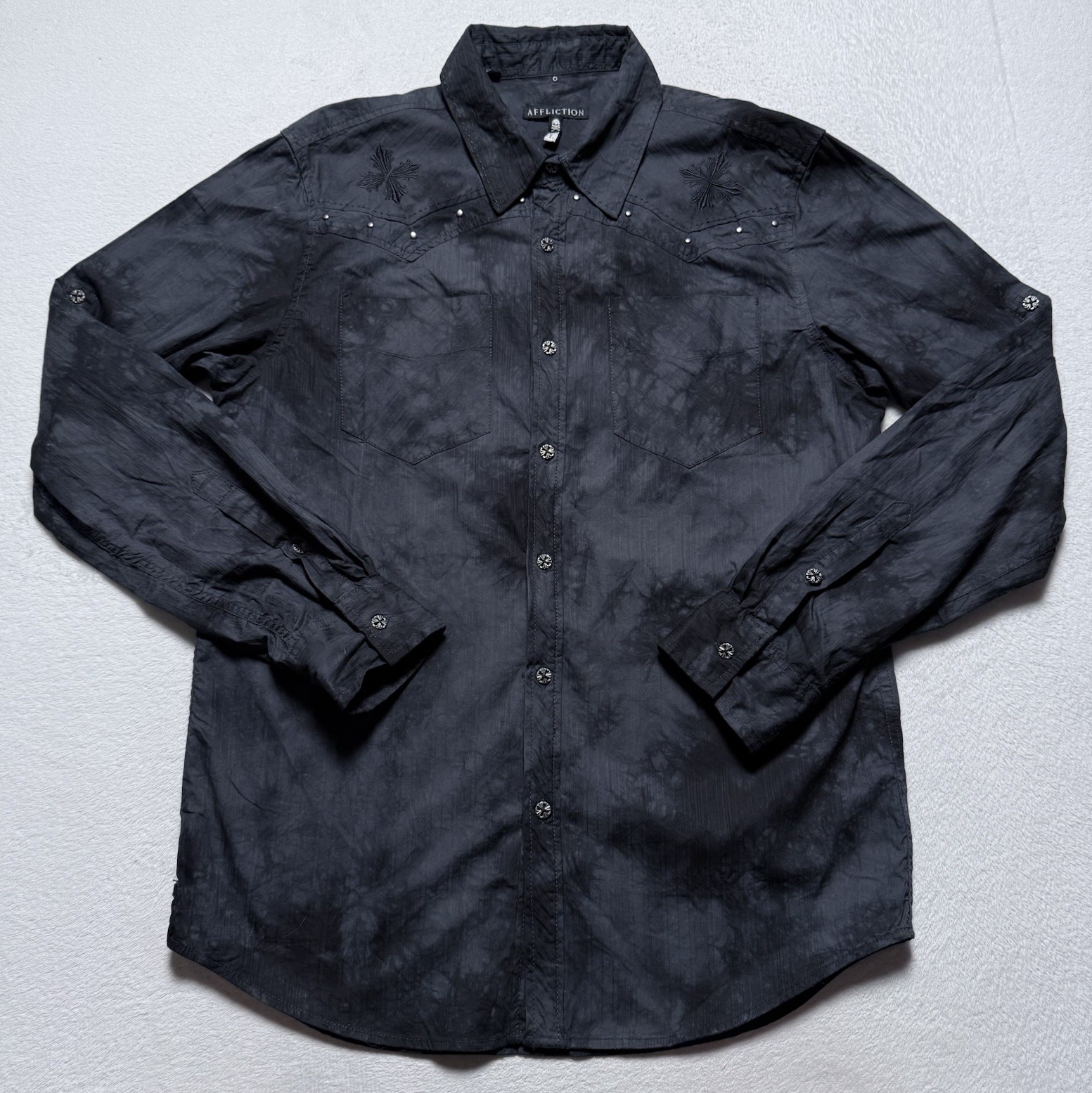 Affliction Shirt Mens Large Black Tie Dye Cross Embroidered Studded Western