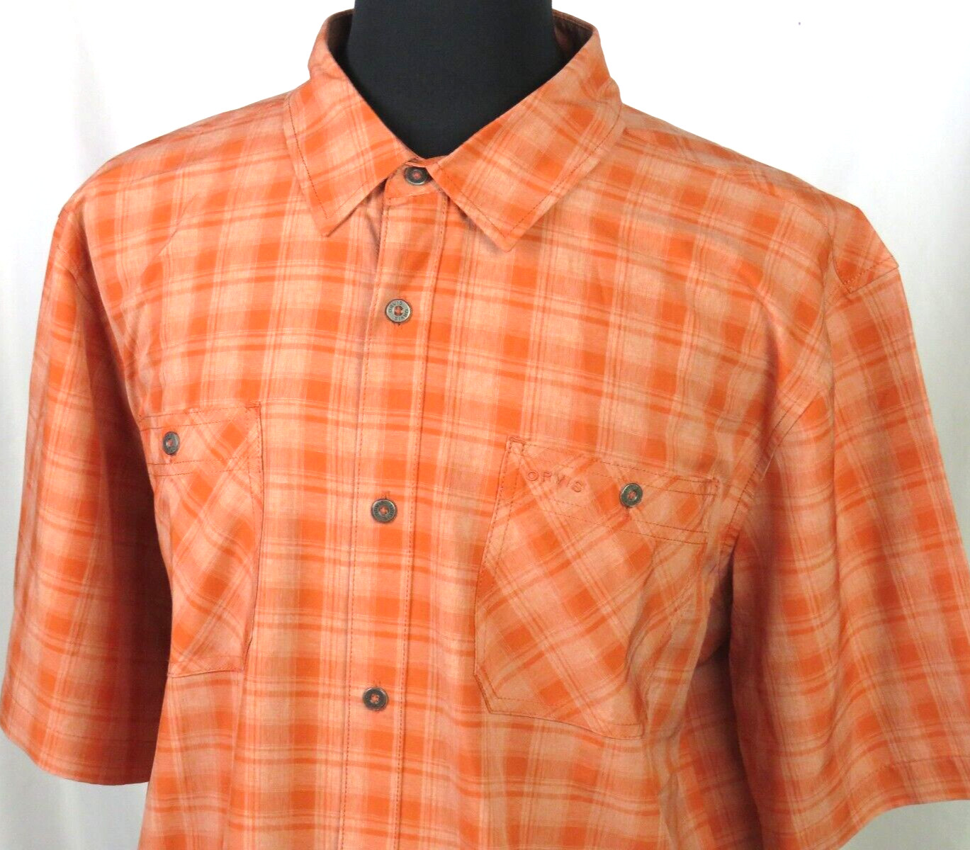 Lot of 2~ ORVIS 100% Polyester Short Sleeved Plaid Button Up Shirts Men’s XXL