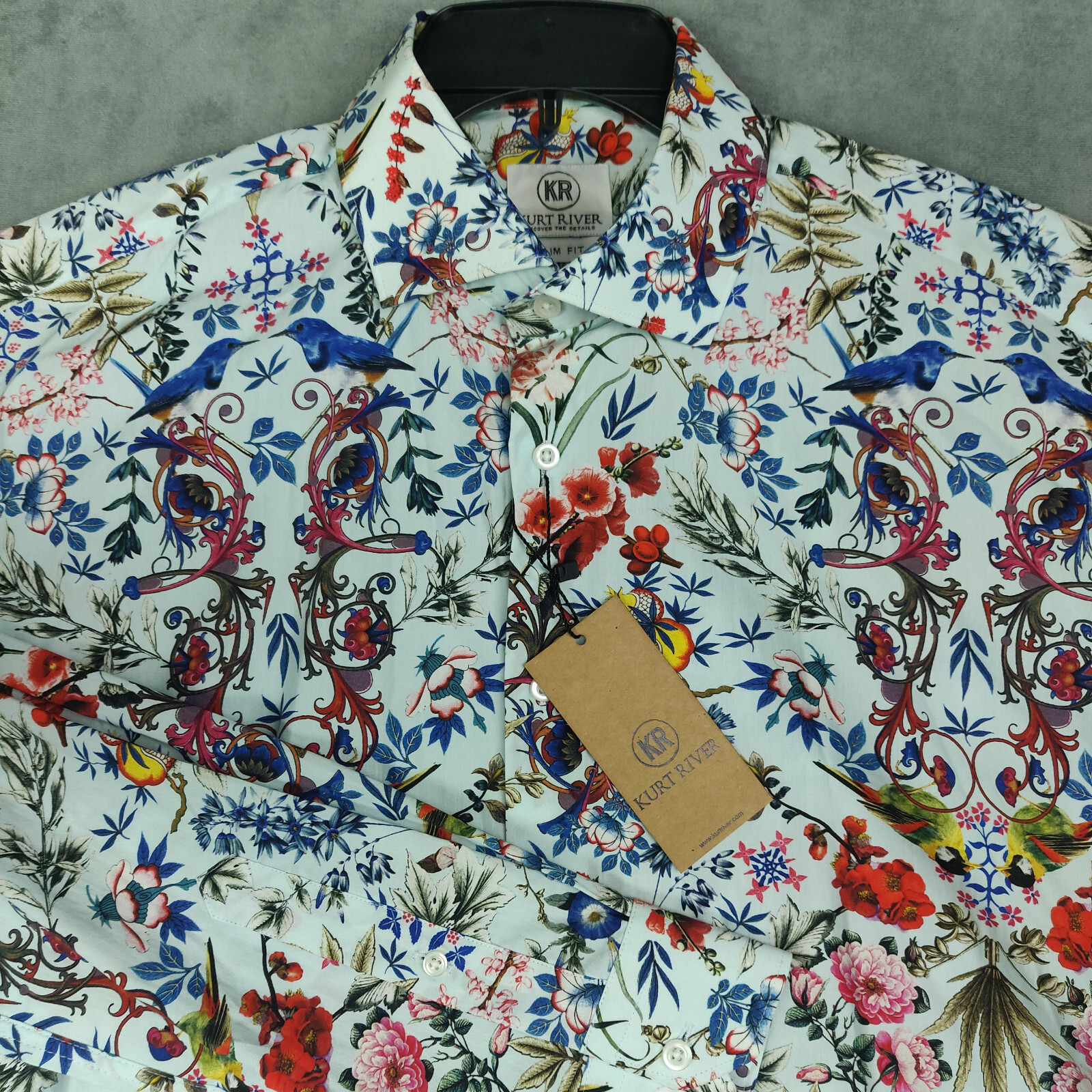 Kurt River Lenox Spread Shirt Men XL Slim Fit Long Sleeve Floral Bluebirds NWT