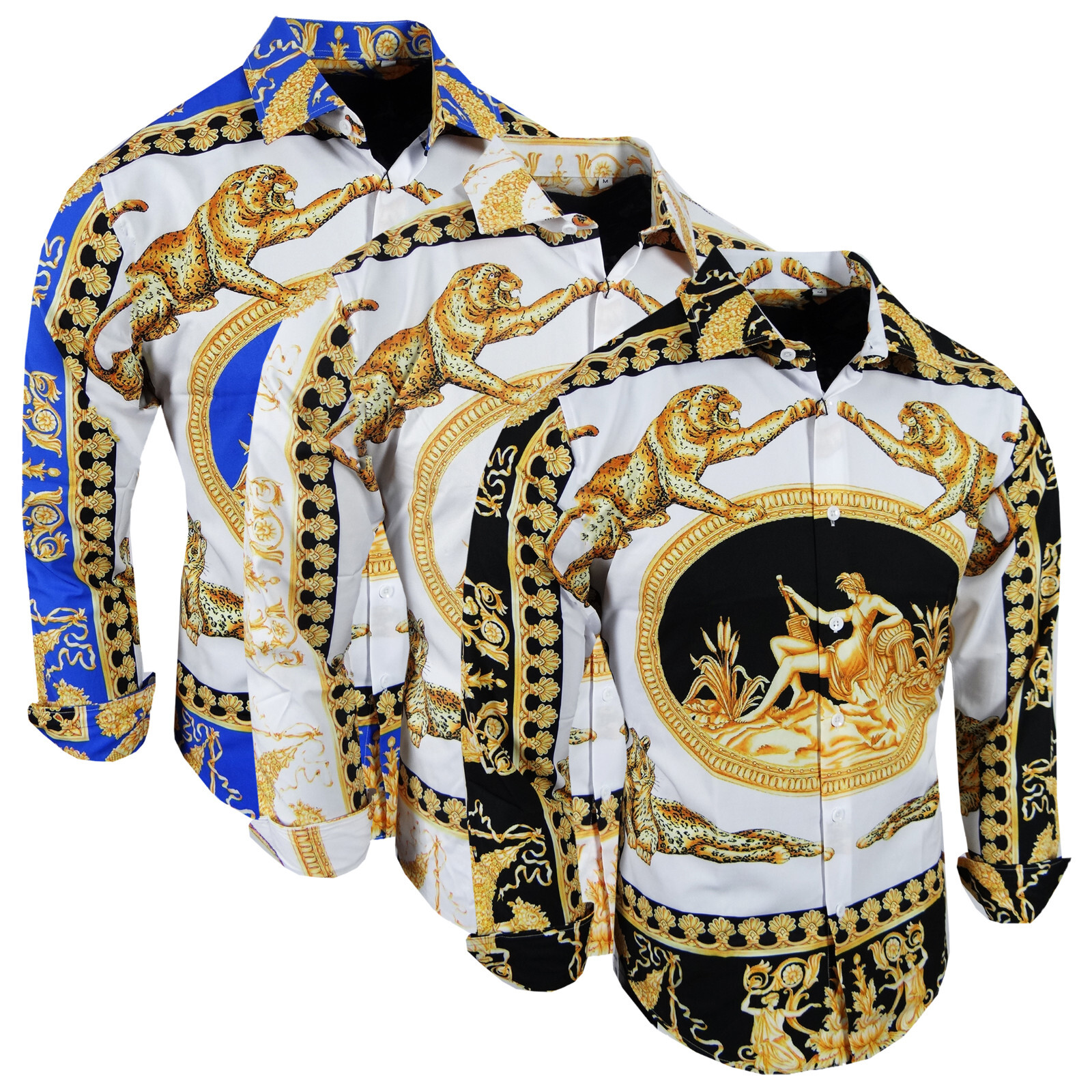 Mens Shirt Designer Italian Floral Gold Leaf Animal Print Button Silky Stretch