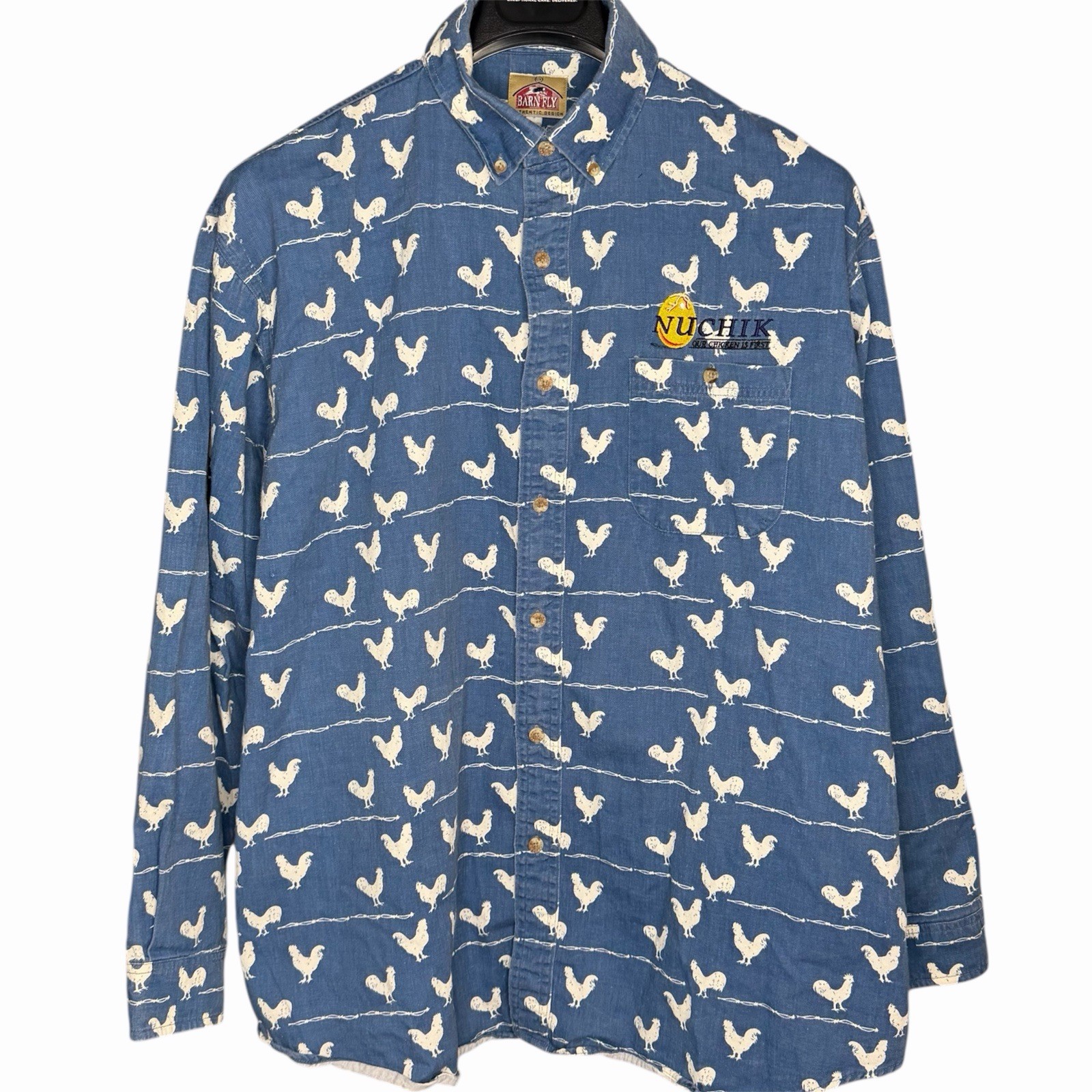 Vintage Barn Fly Men L Chicken Print Long Sleeve Button Down Shirt Western Farm