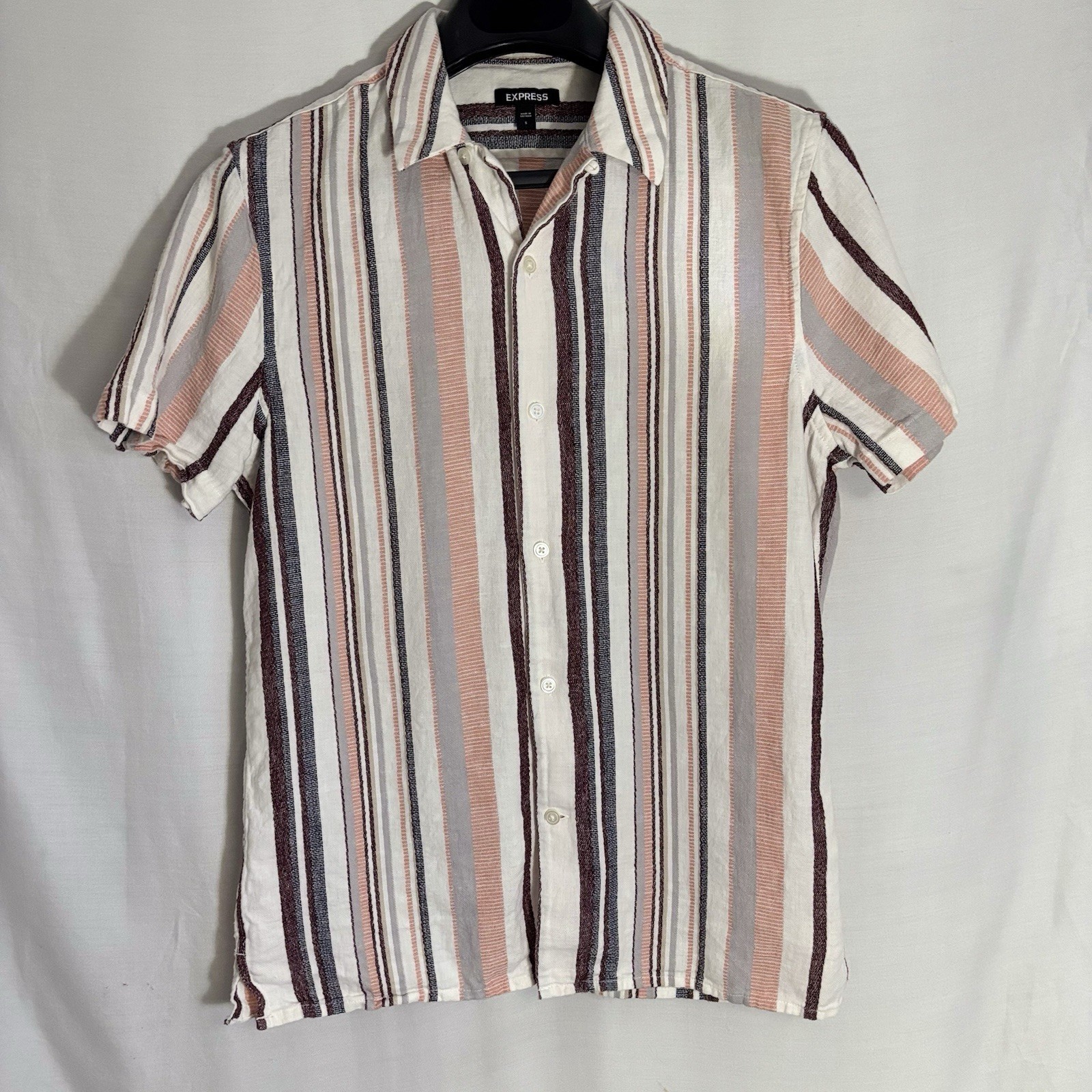 Express Men’s Striped Woven Linen Cotton Short Sleeve Button-Up Shirt S