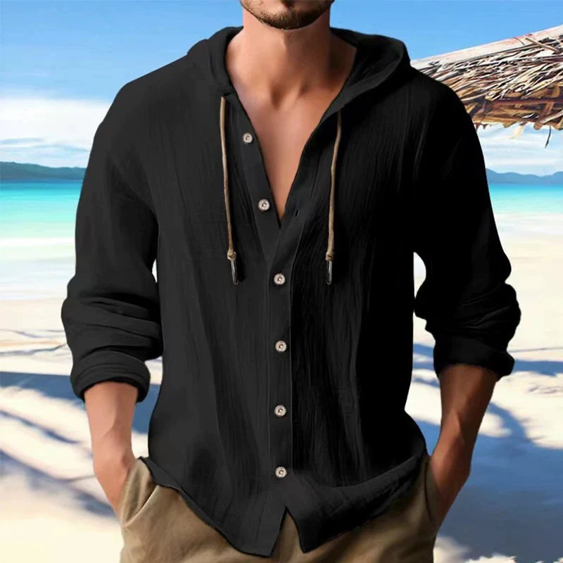 Men’s Solid Linen Long Sleeve Hooded Shirt Casual Streetwear Clothing Men Gift