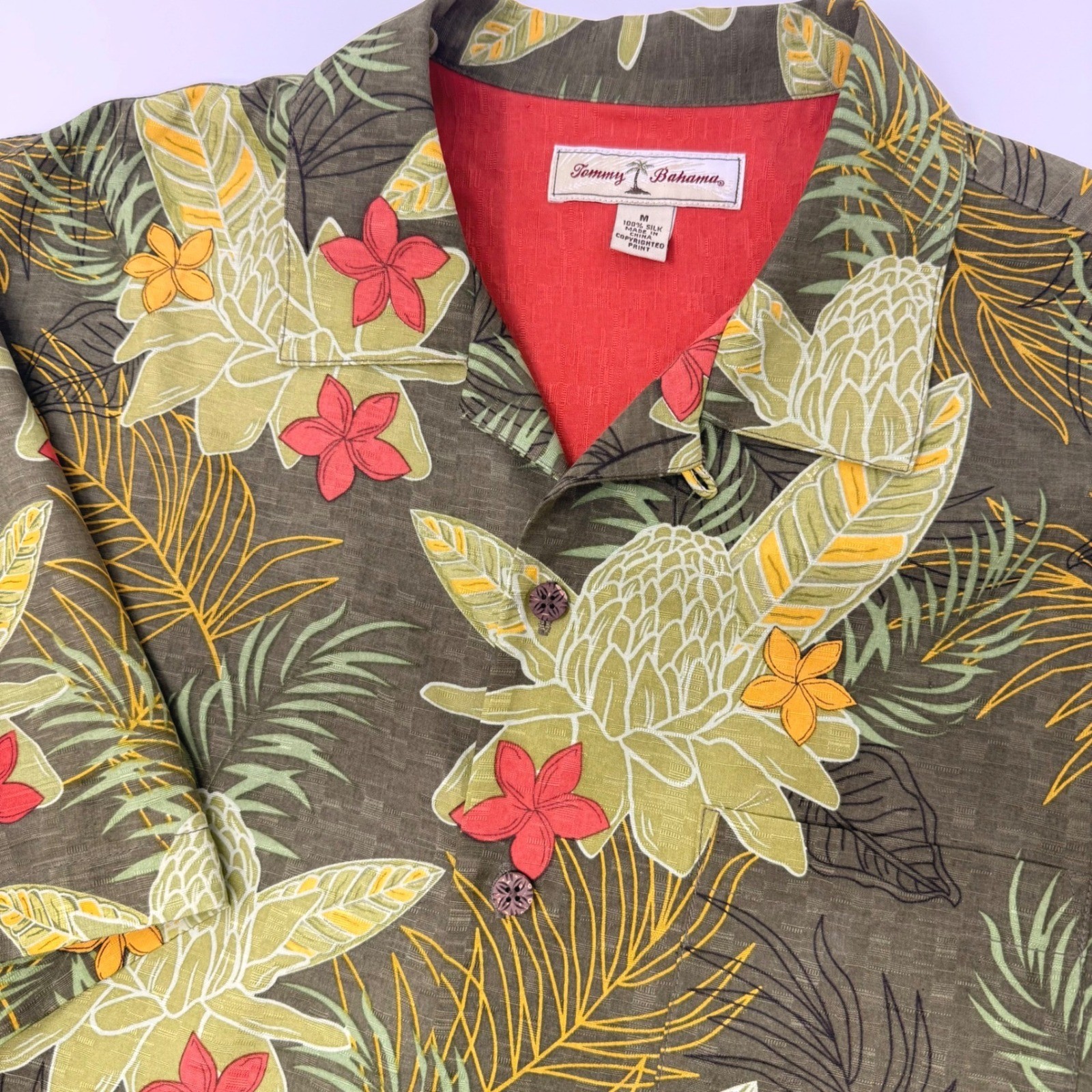 Tommy Bahama Mens Medium Silk Tropical Floral Camp Shirt Green Short Sleeve