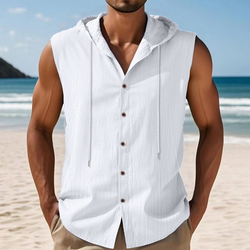 Summer men’s loose casual linen hooded sleeveless hip-hop shirt