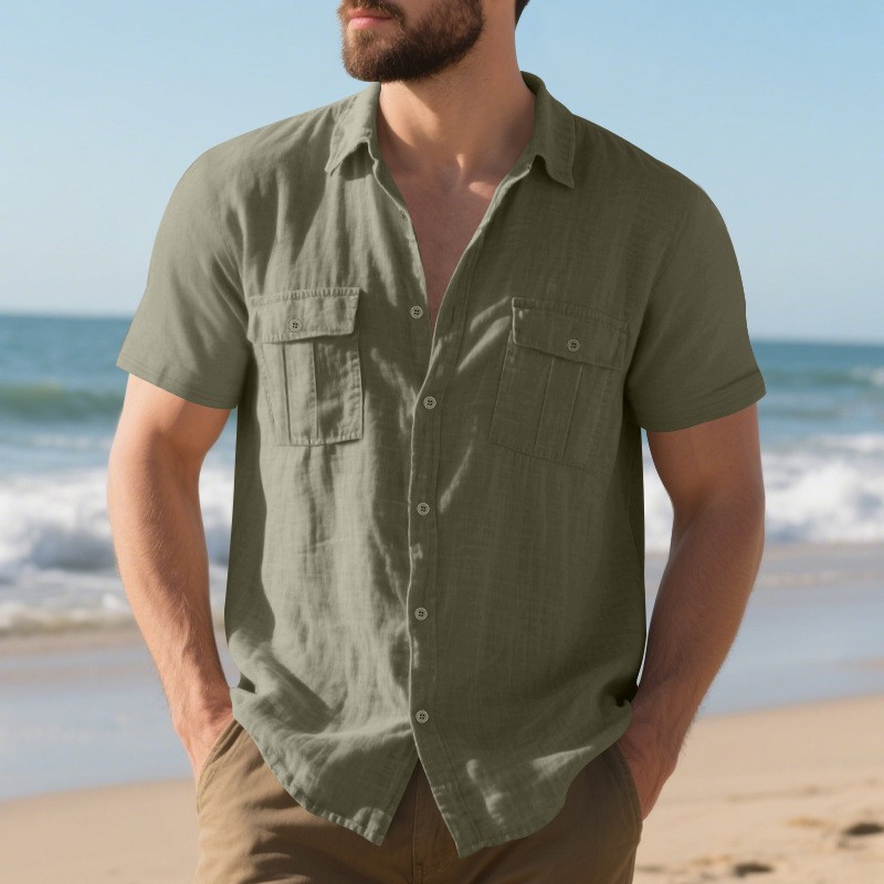 Summer beach breathable casual multi-pocket button-up workwear short sleeve