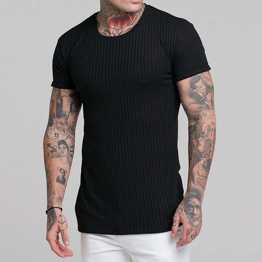 Men’s summer sports casual stand collar vertical stripe crew neck T-shirt