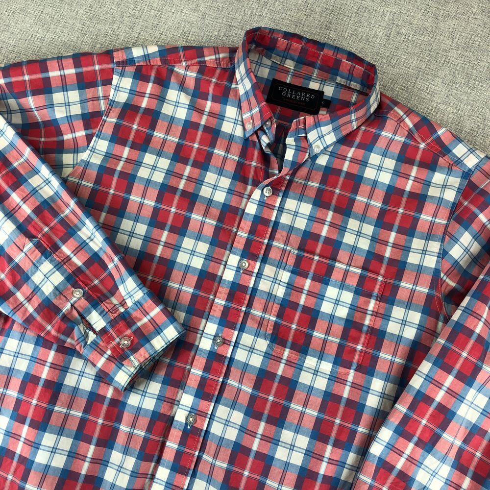 Collared Greens American Made Shirt Men’s Large Red White Blue Plaid Button USA