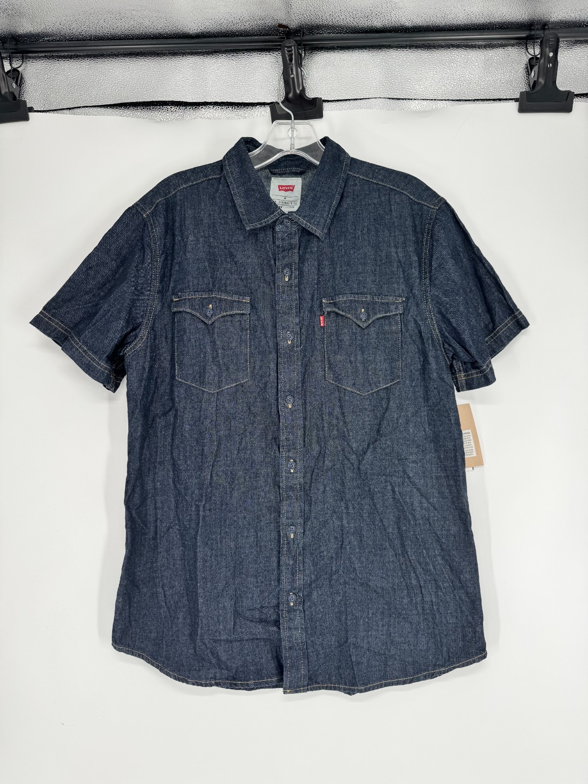 Levis Denim Shirt Mens Medium Blue Short Sleeve Button Up Jean Dark Wash Pockets