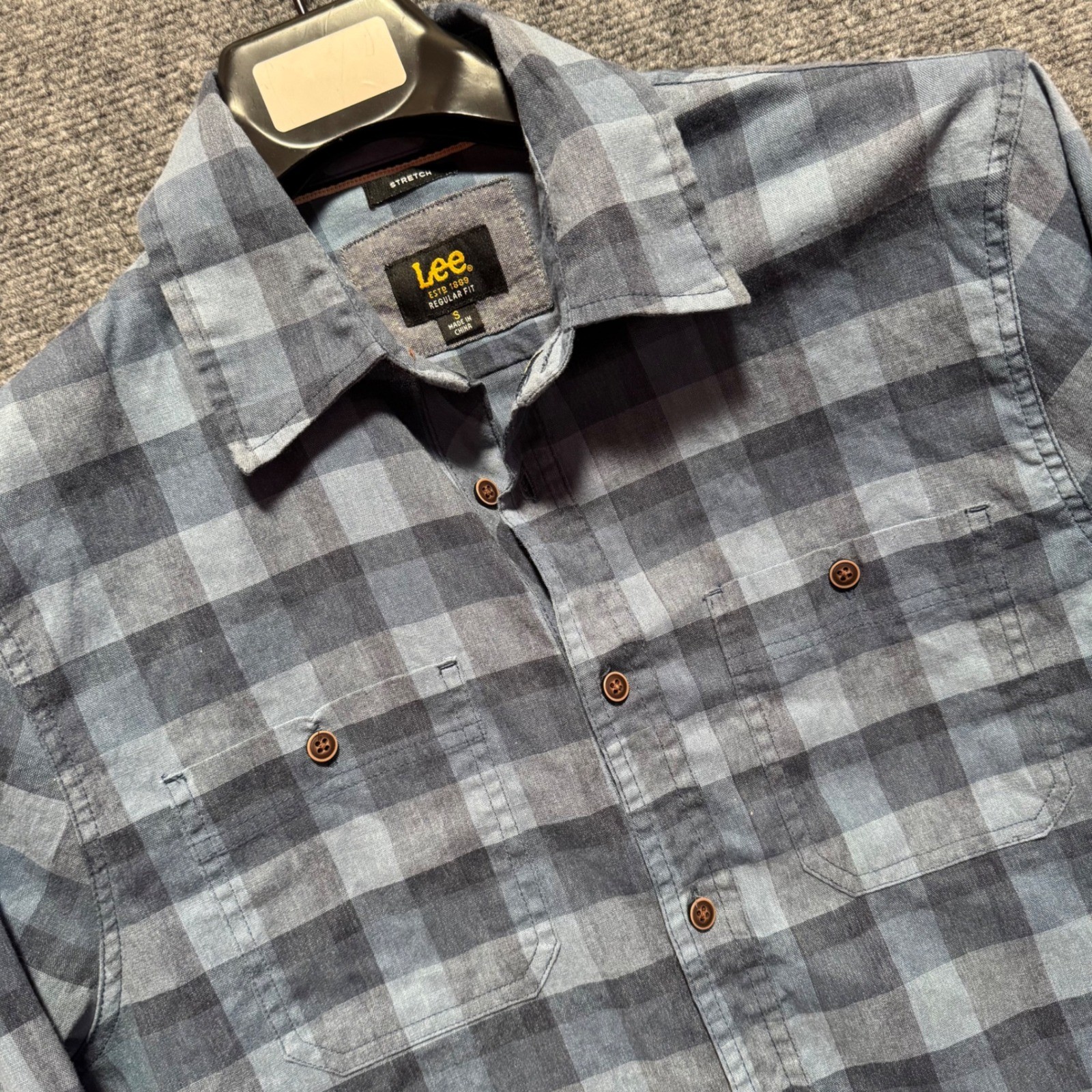 Lee Shirt Small Blue Plaid Stretch Button Regular Fit Utility Work Pockets