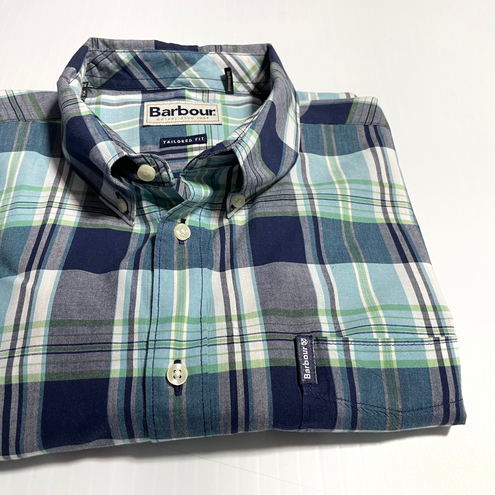 Barbour Madras Navy Multicolor Plaid Ltwt Cotton Shirt Tailored Fit XL