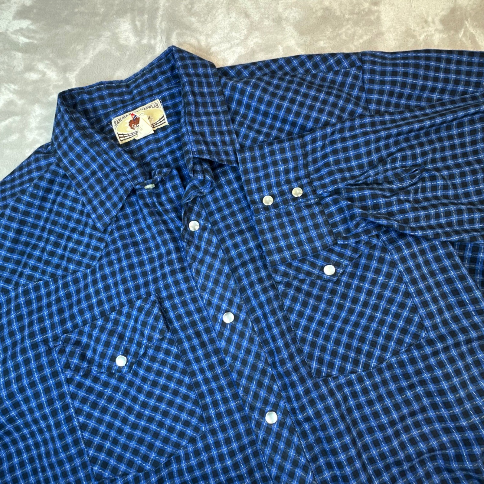 VTG Ranchers Westernwear Mens Big 1X Blue Plaid Pearl Snap Cowboy Shirt USA L/S
