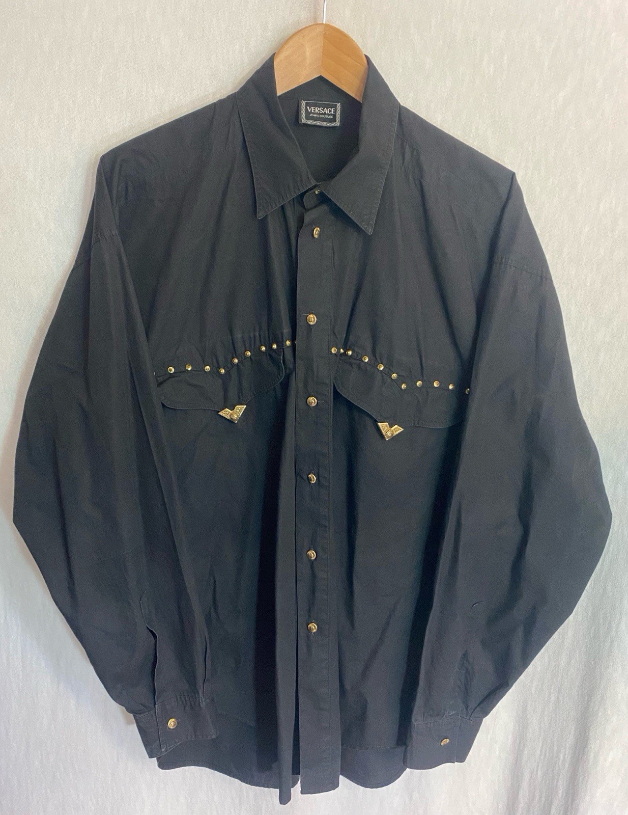 VERSACE JEANS COUTURE Vintage Men’s Western Studded Shirt Metal Tips Blk Size M