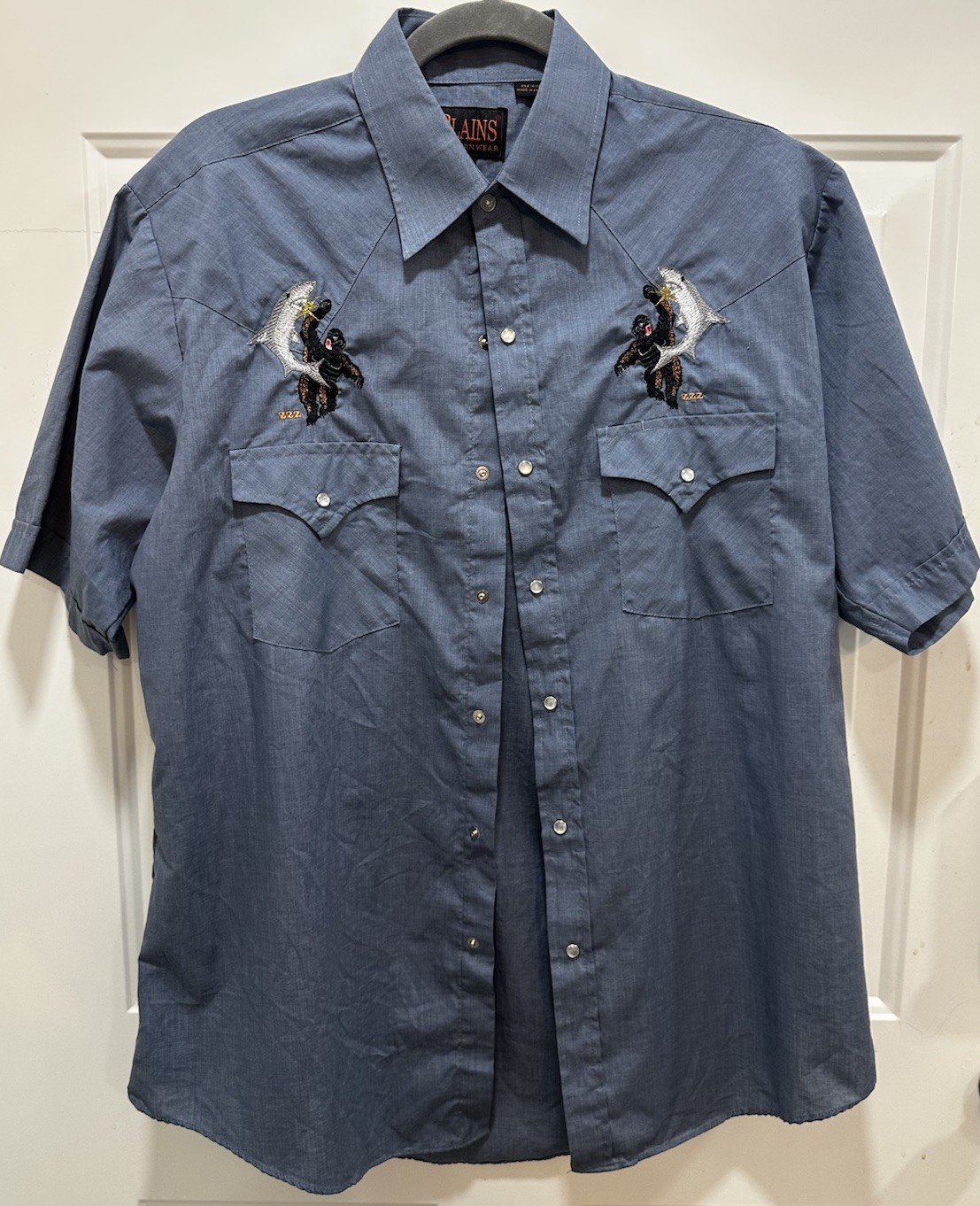 VTG Plains Western Wear M Pearl Snap Thin Short Sleeve Yoked Shirt Gorilla Shark