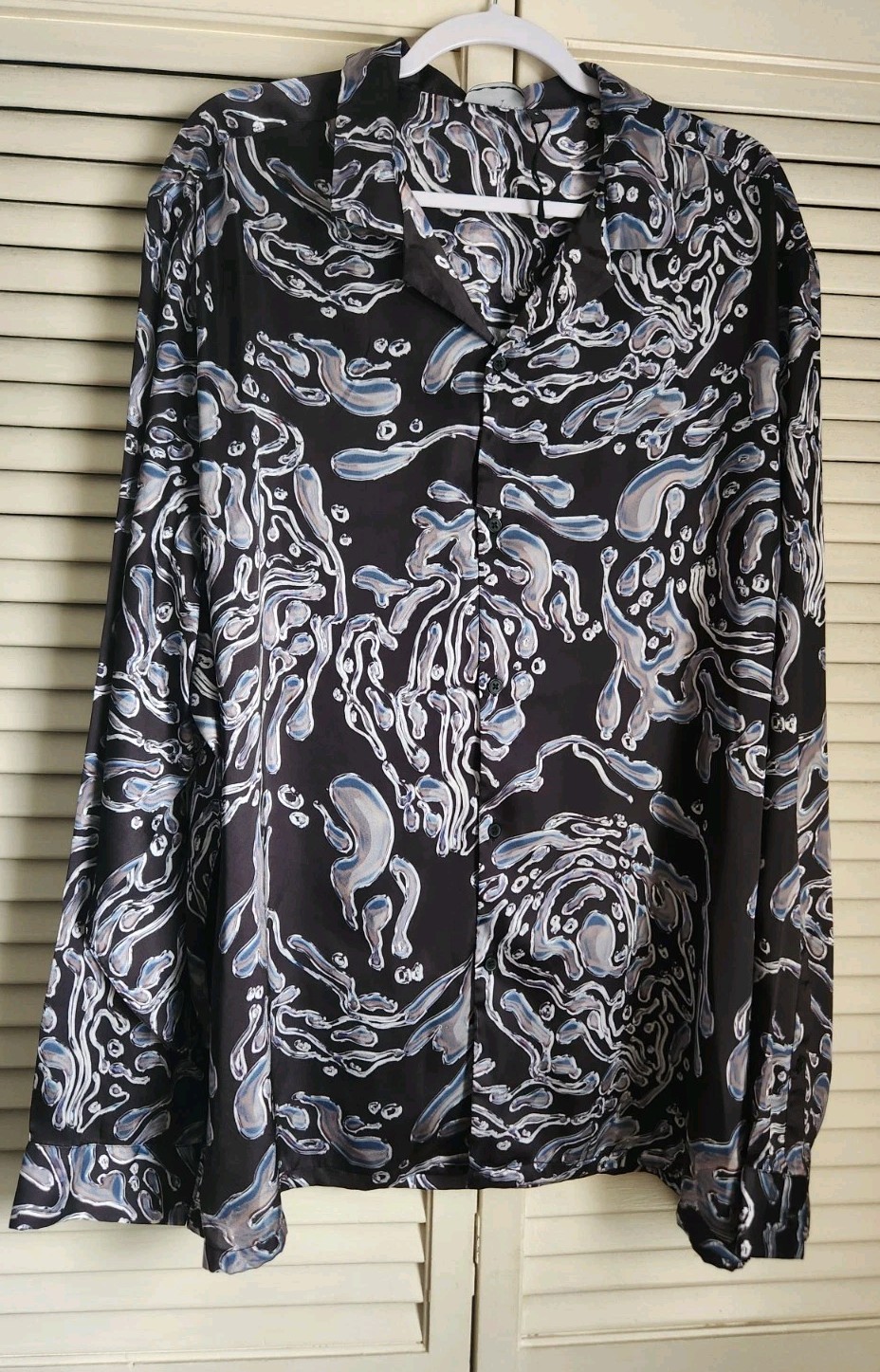 New Asos Designs Satin Retro 70’s Print Button Down Shirt Mens 3XL Black Silver