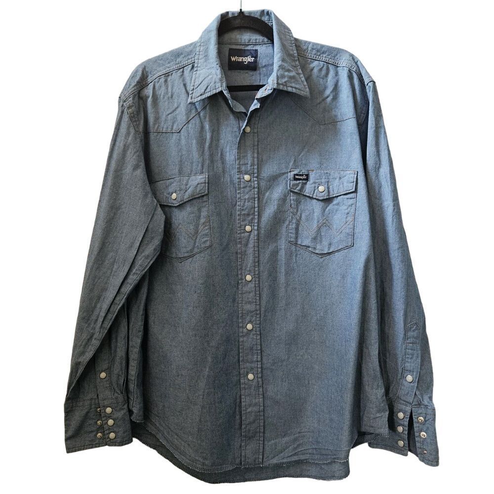 Vintage Wrangler Mens XL Denim Pearl Snap Button Up Shirt Light Wash Western Y2K