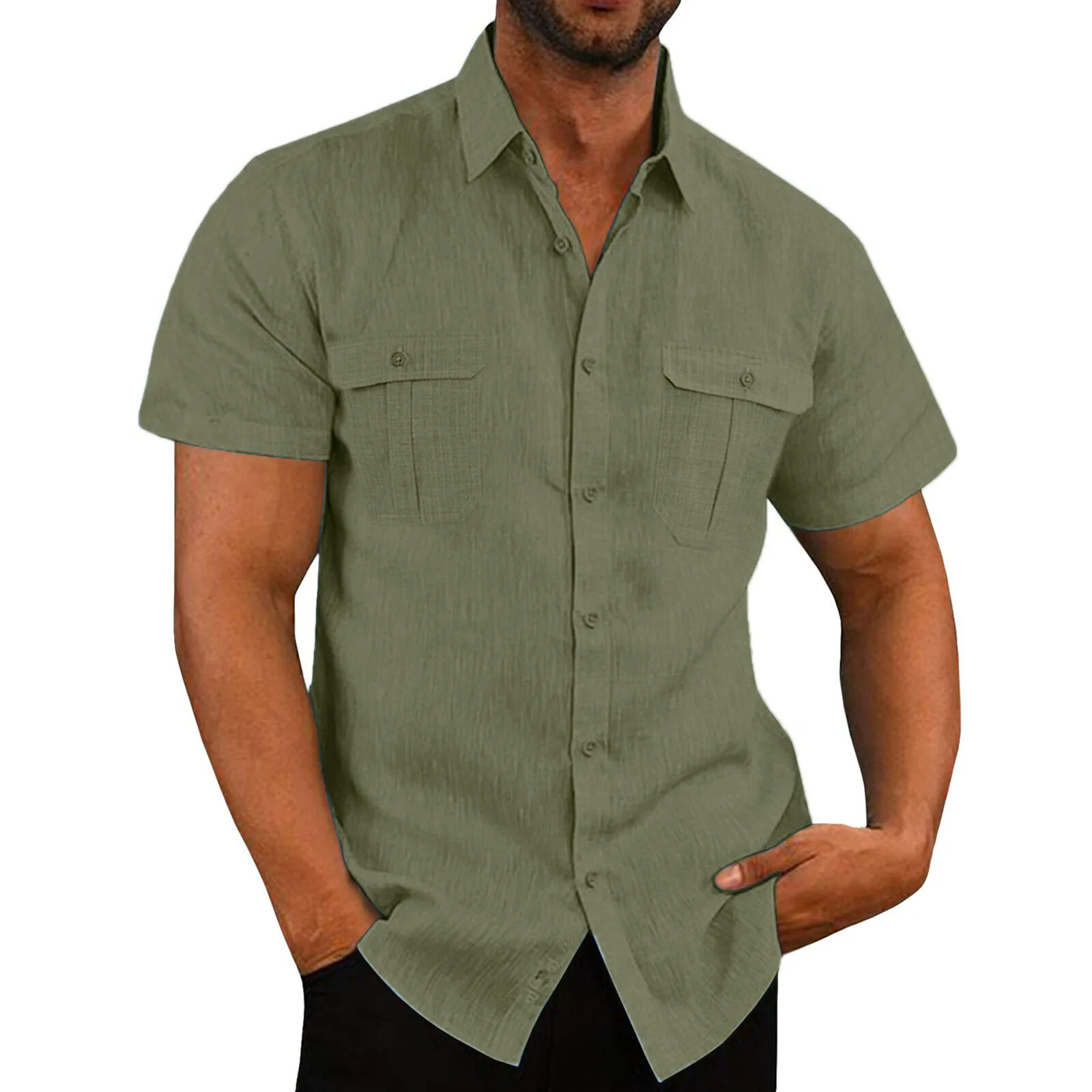 Hot Sale Cotton Linen Men Short-Sleeved Shirts Summer Solid Color Beach Style