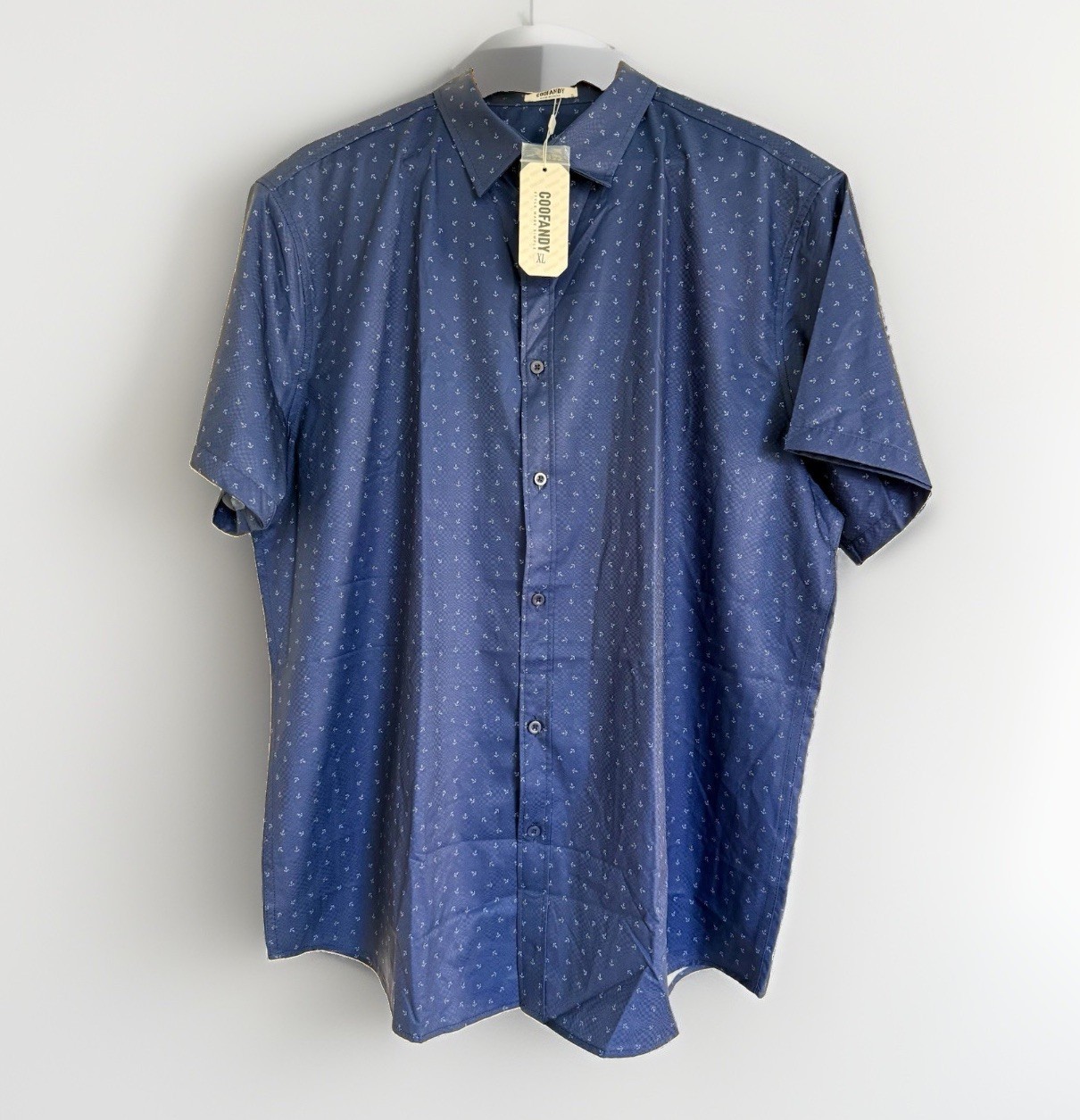 COOFANDY Men’s XL NWT Blue Anchor Print Short Sleeve Button-Up Collar Stretch