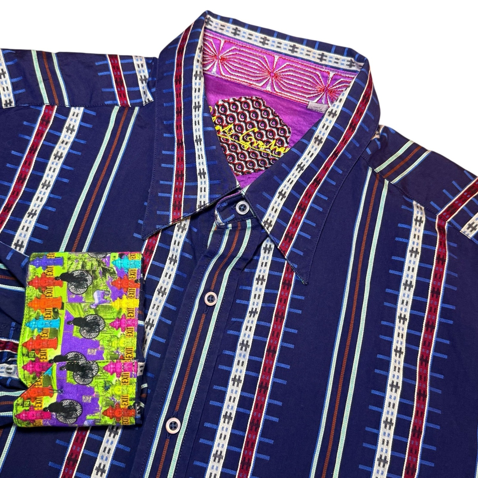 Robert Graham Mens 2XL Striped Button Down Shirt Navy Blue Long Sleeve Flip Cuff