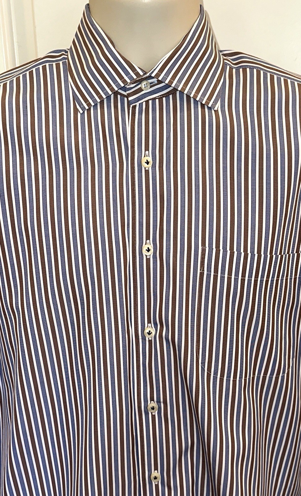 Peter Millar Men’s Blue & Brown Striped Slim Fit Button Front L/S Shirt Size M
