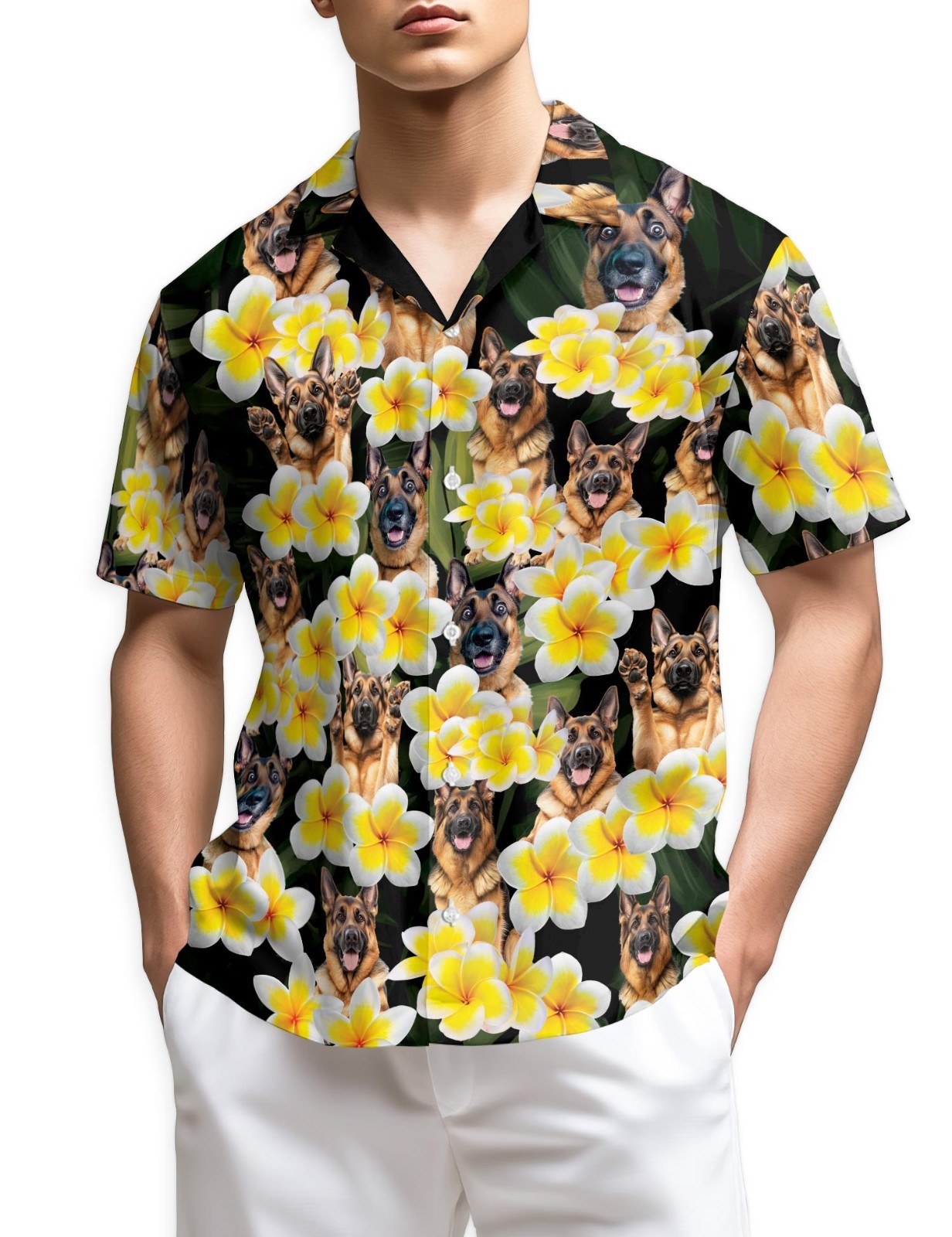 German Shepherd Plumeria Hawaiian Shirt Dog Floral Beach Retro Aloha