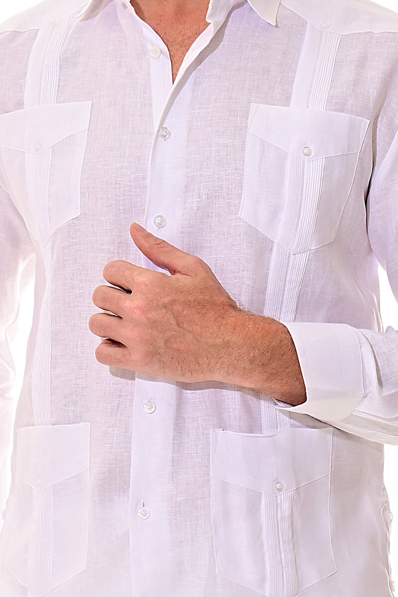 Bohio Soft 100% Linen Guayabera Shirt for Men -White Traditional 4 Pocket MLS401