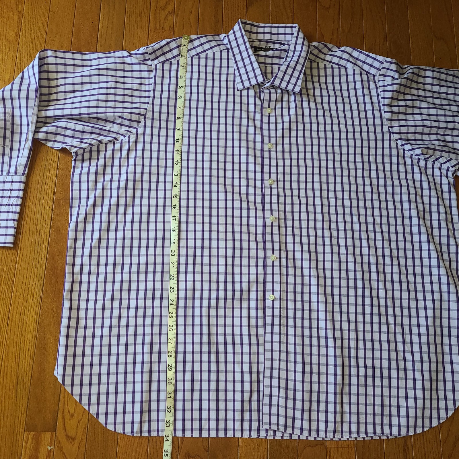 Michael Kors Men’s Button-Up Purple Plaid Long Sleeve Cuff Links 20 34/35