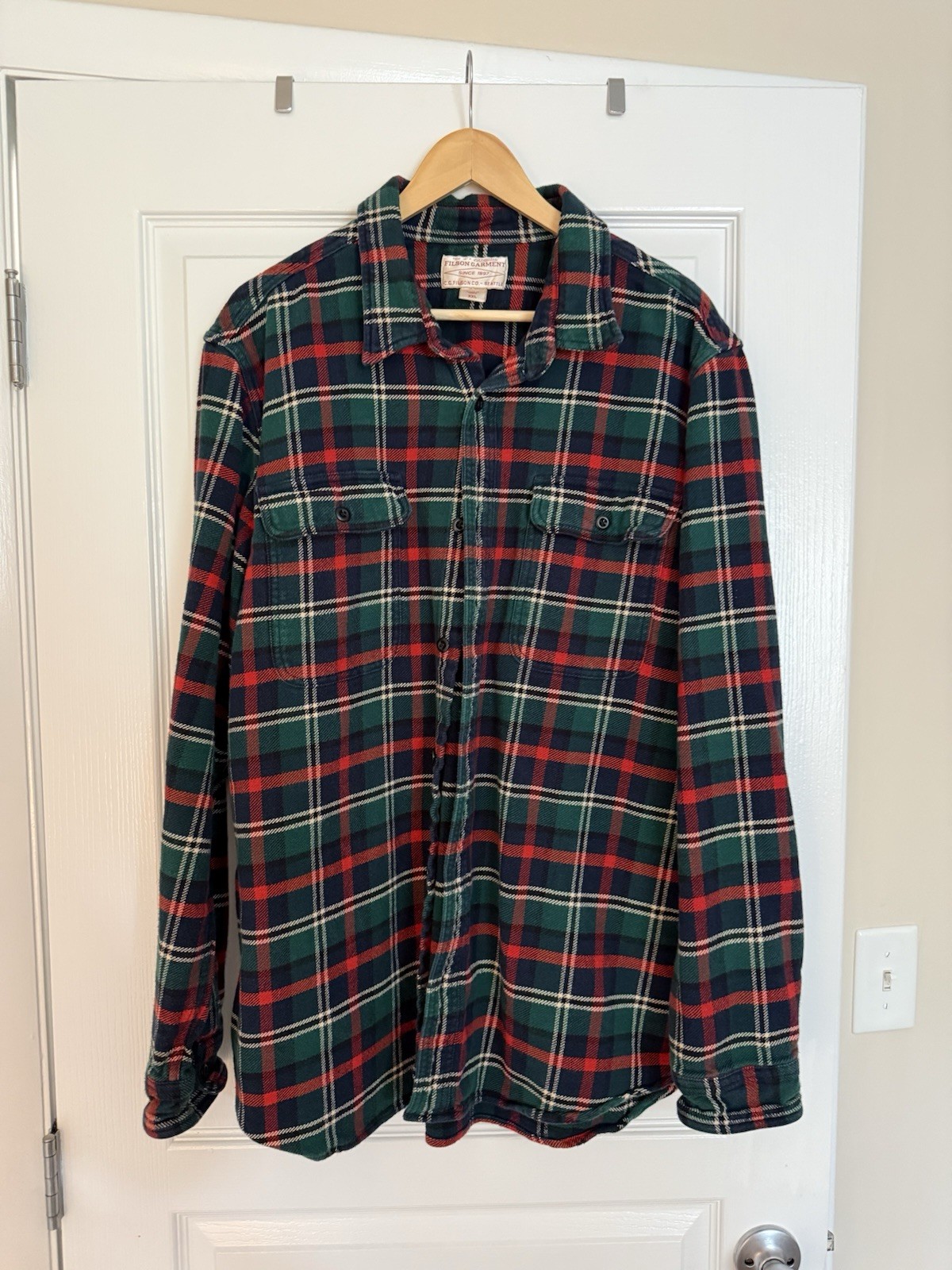 Filson Vintage Flannel Work Shirt XXL, Green Red Plaid